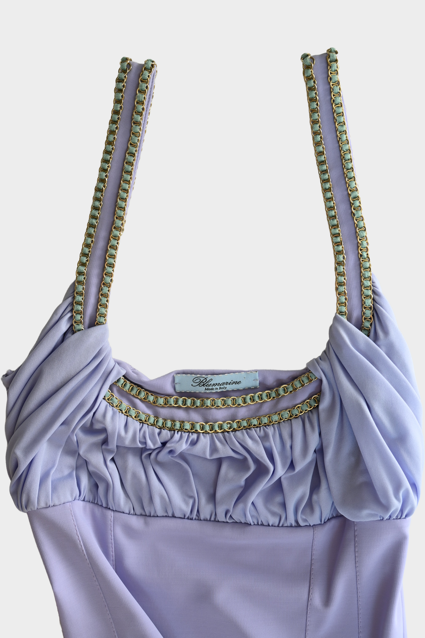 Blumarine Lavender Ruched Chain Trim Sheath Dress