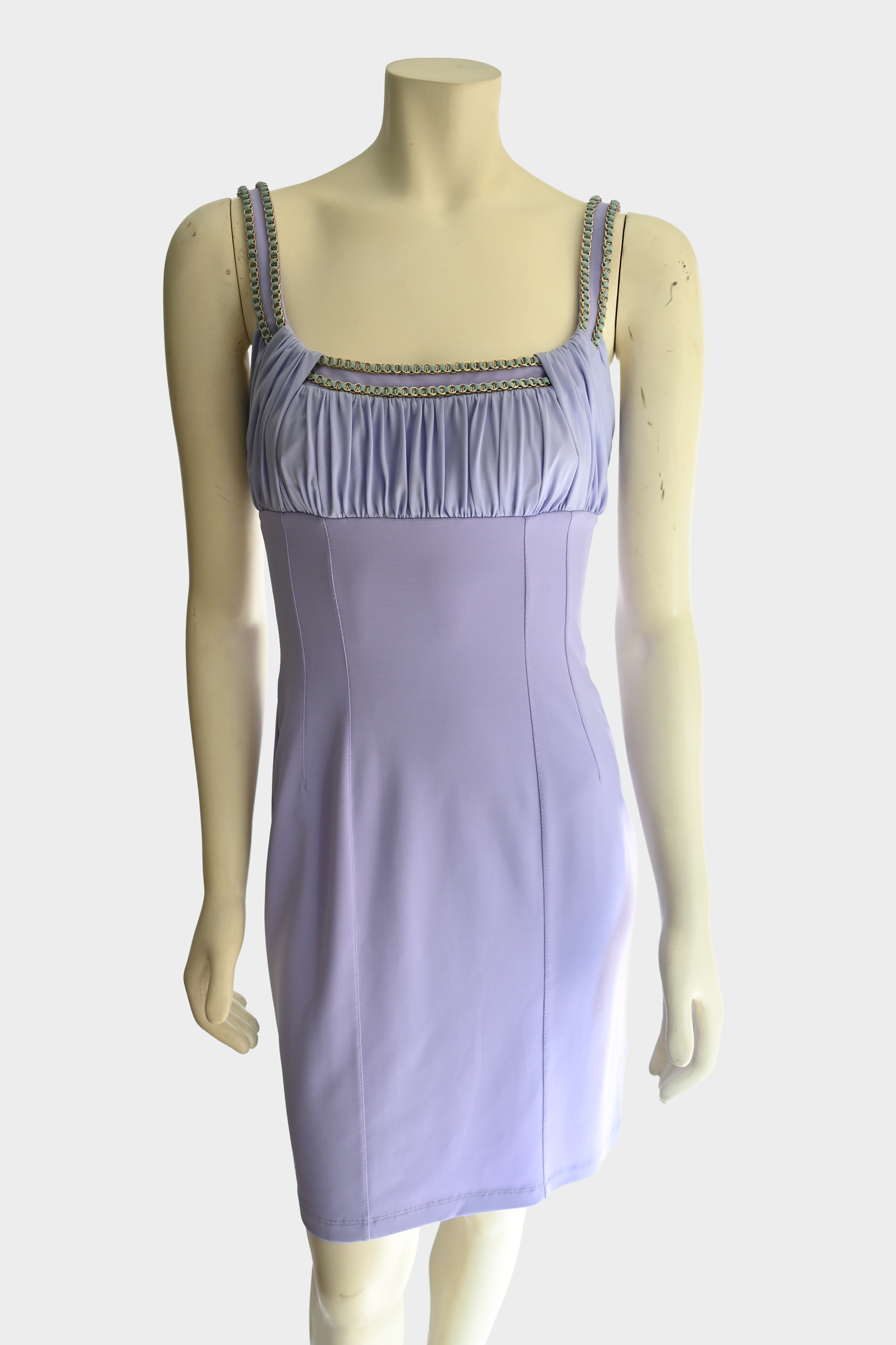 Blumarine Lavender Ruched Chain Trim Sheath Dress