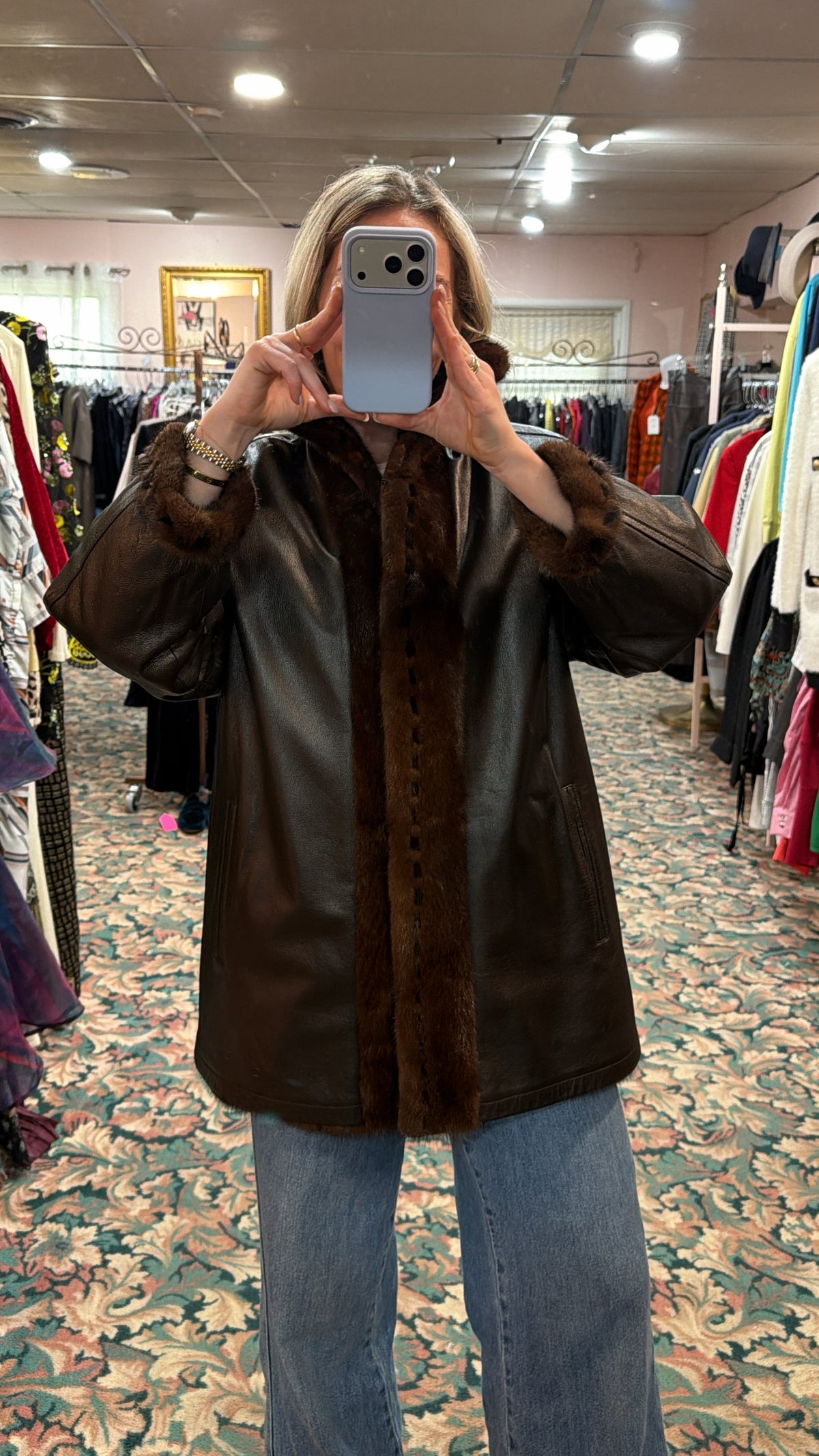 Neiman Marcus Mink Fur & Leather Whipstitch Reversible Jacket