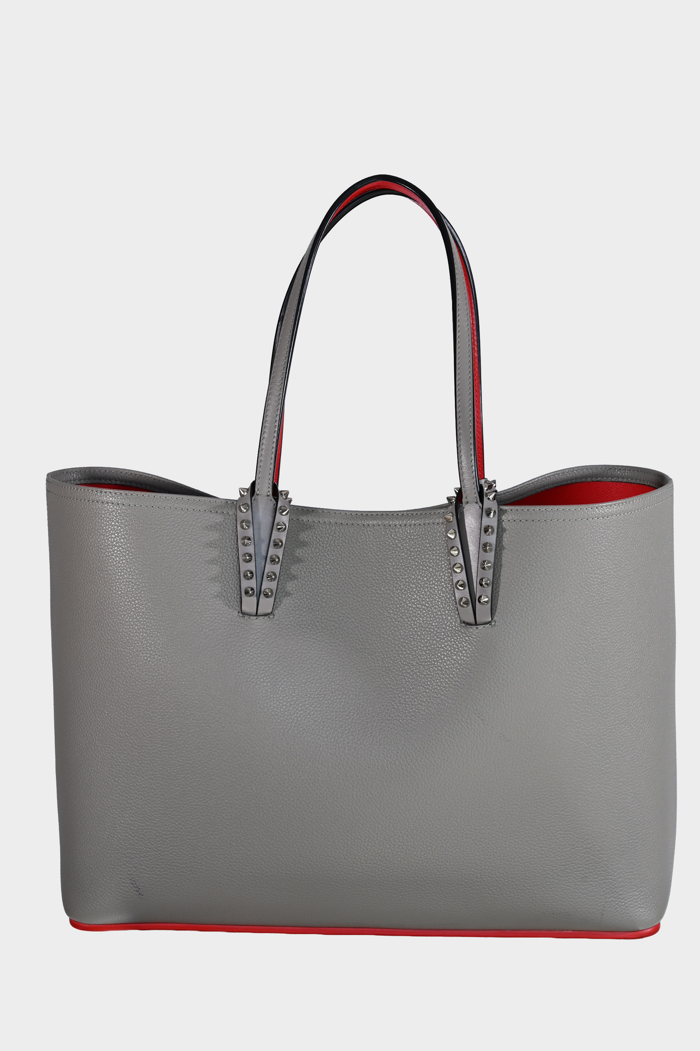 Christian Louboutin Cabata Small Gray Calf Leather Studded Tote Bag with Pouch