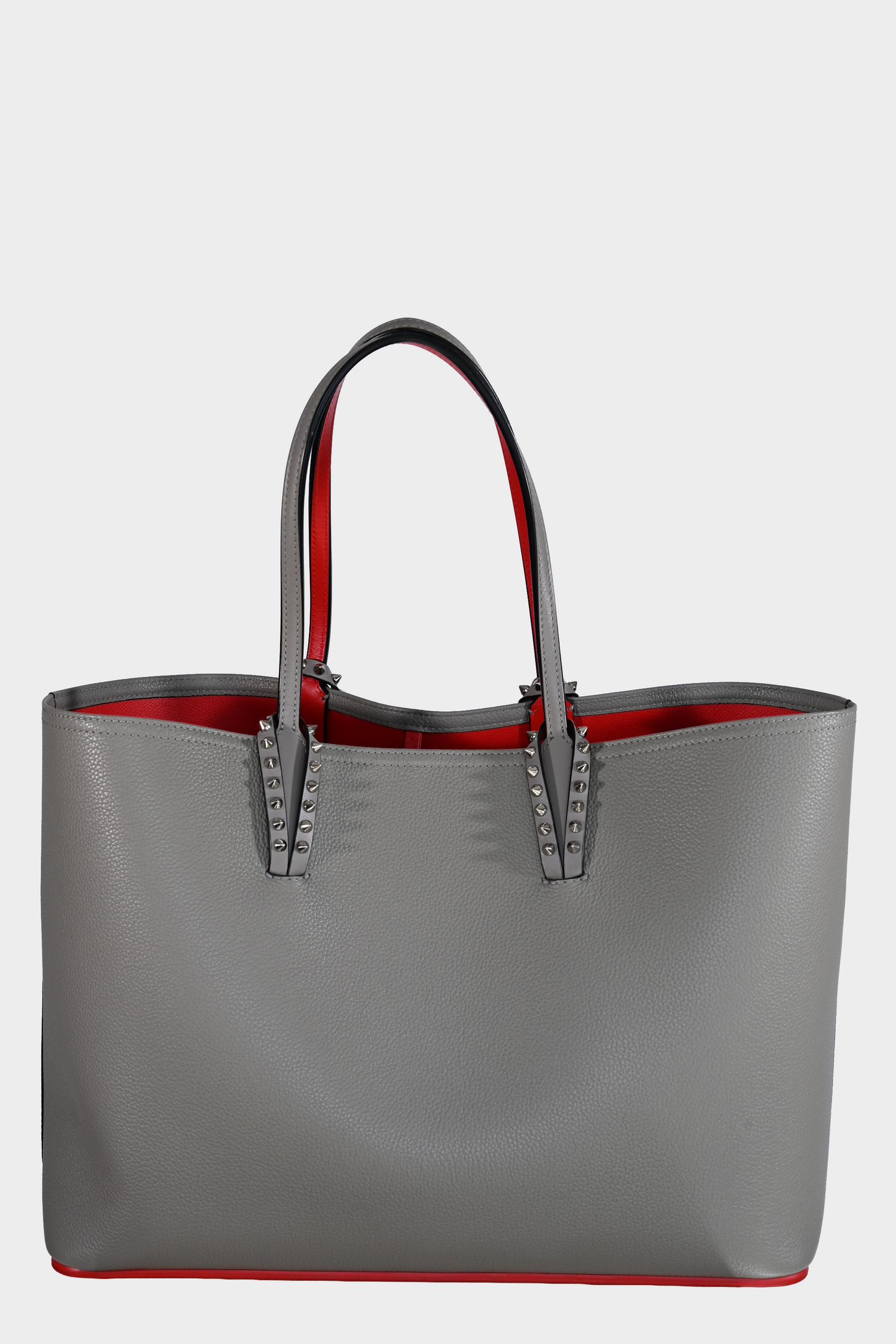 Christian Louboutin Cabata Small Gray Calf Leather Studded Tote Bag with Pouch
