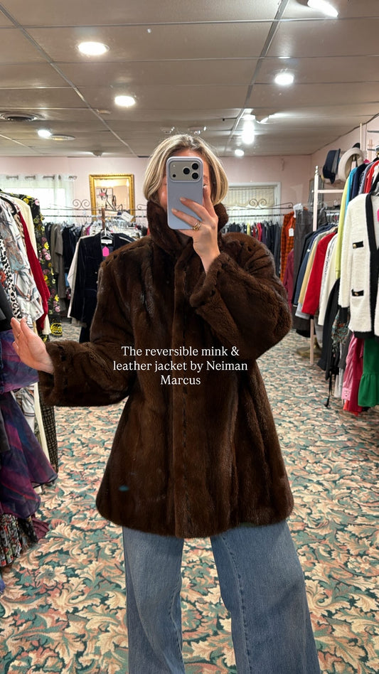 Neiman Marcus Mink Fur & Leather Whipstitch Reversible Jacket