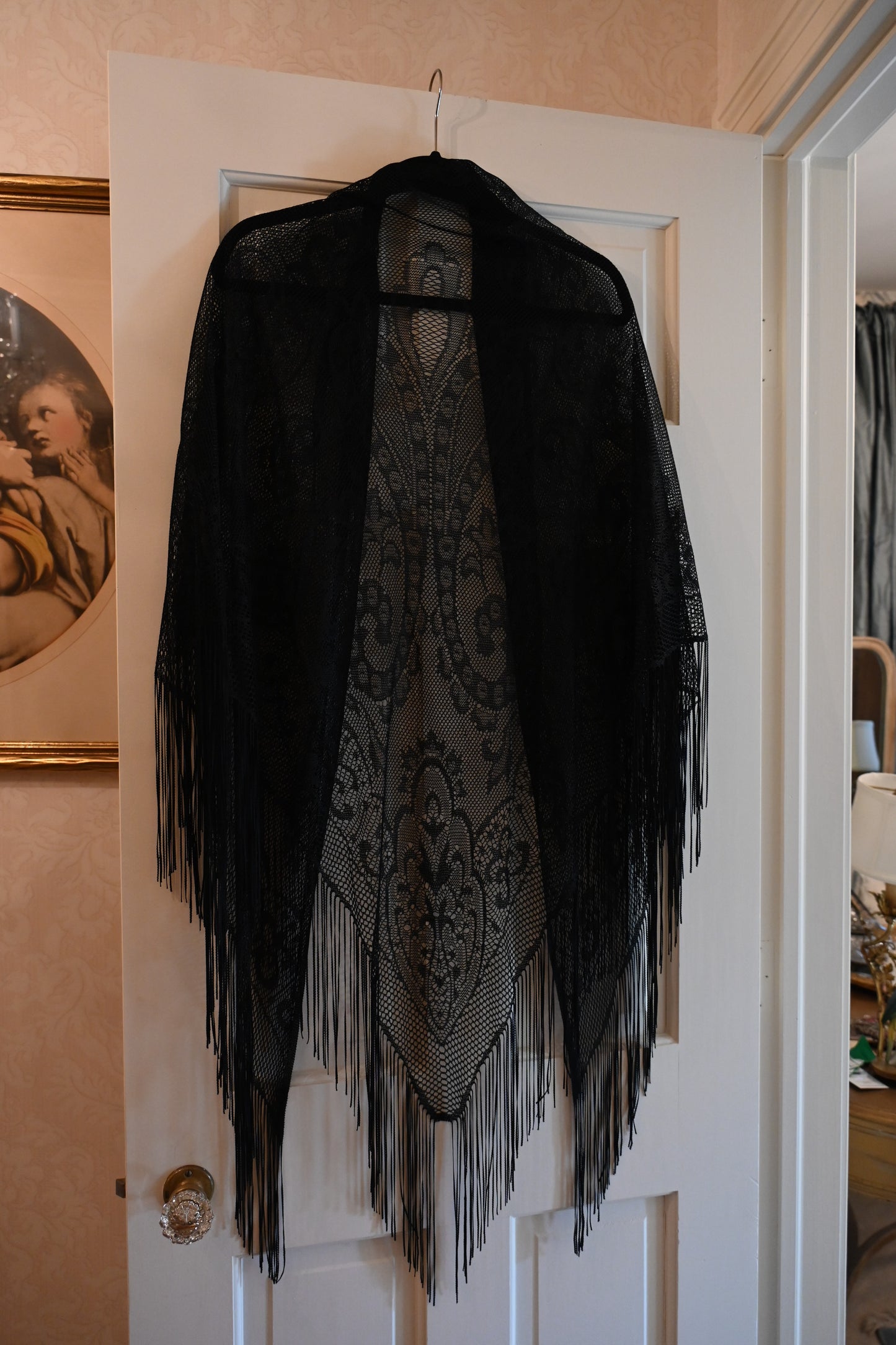 Vintage Black Lace Fringe Shawl