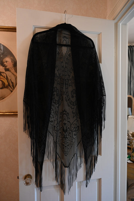 Vintage Black Lace Fringe Shawl