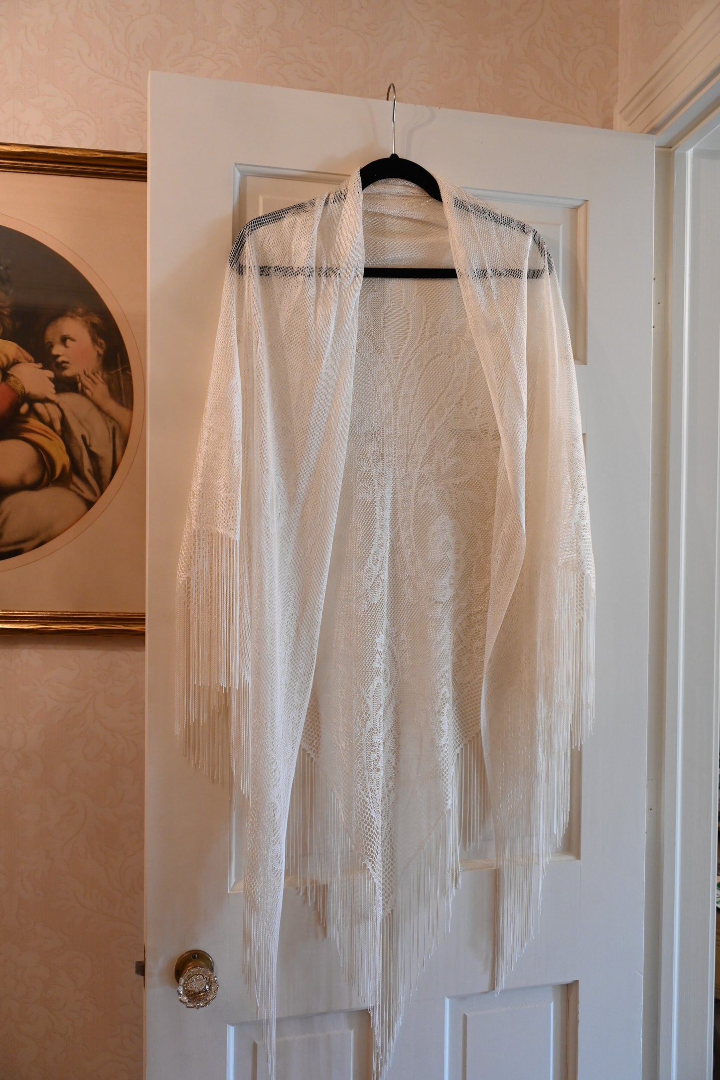 Vintage Ivory Lace Fringe Shawl