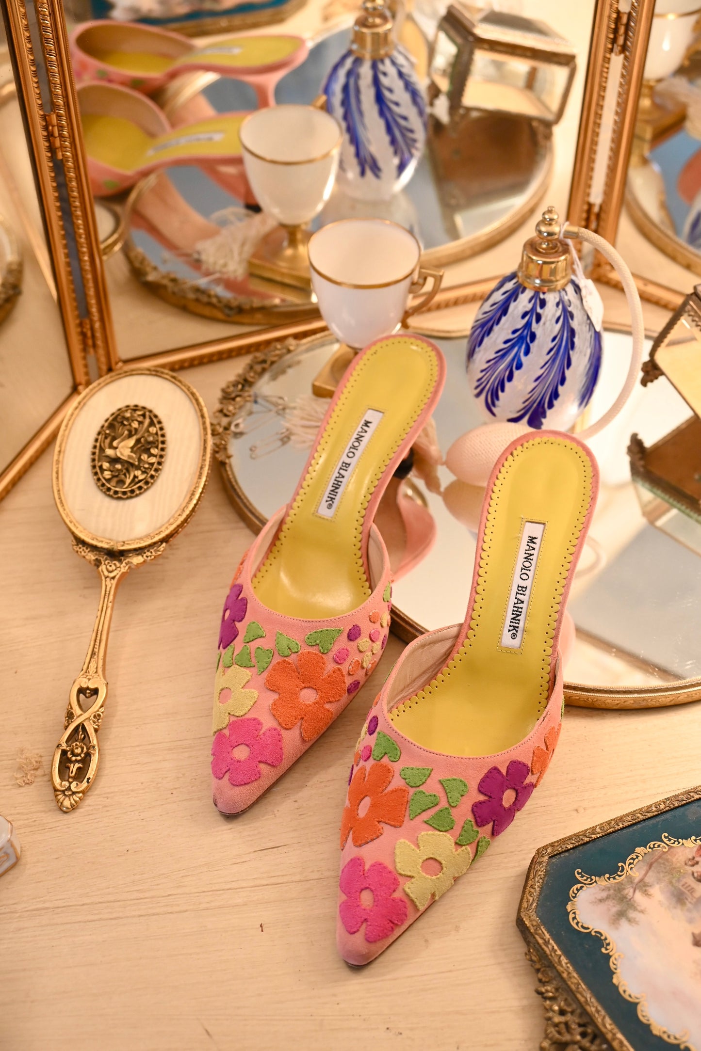 Manolo Blahnik Suede Floral Kitten Heels