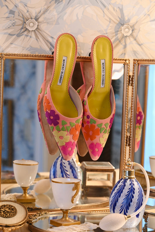 Manolo Blahnik Suede Floral Kitten Heels
