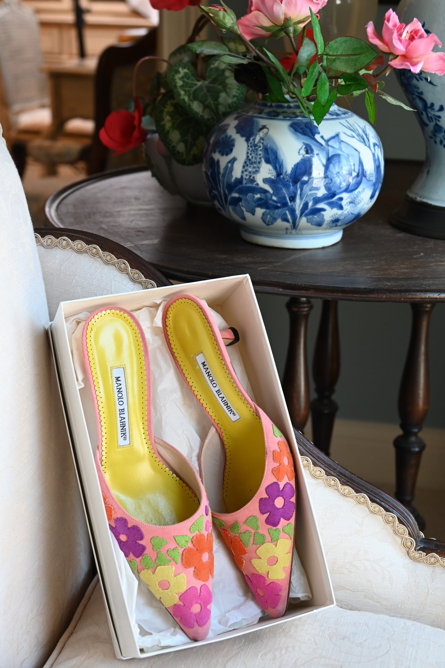 Manolo Blahnik Suede Floral Kitten Heels