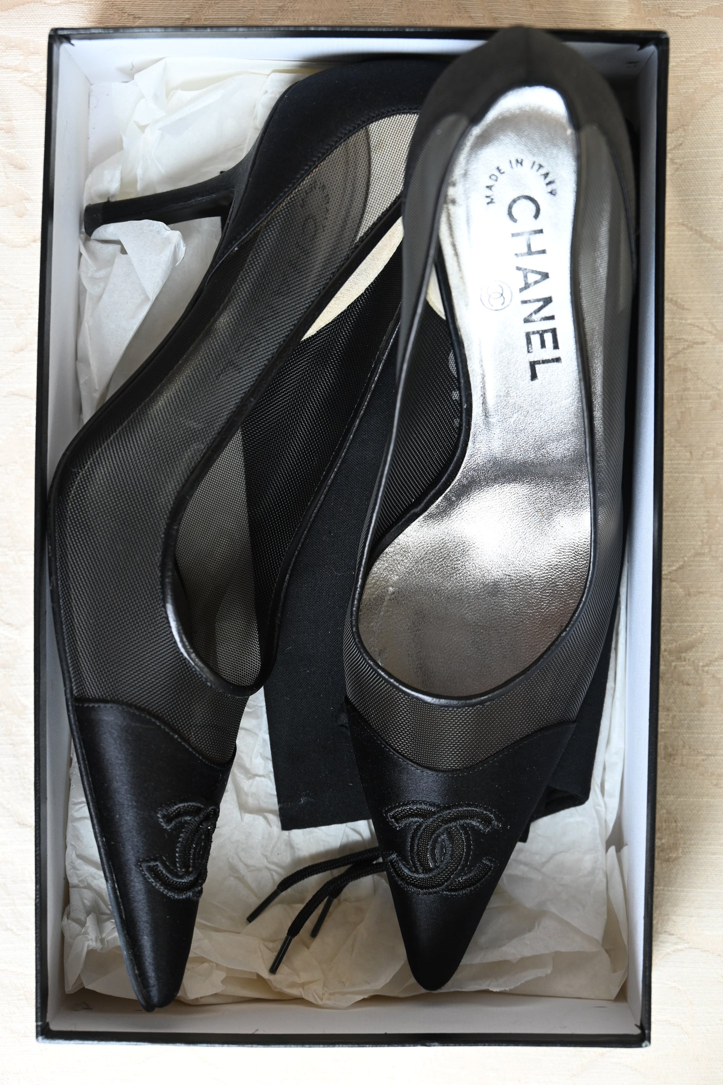 Chanel Satin & Mesh Kitten Heels