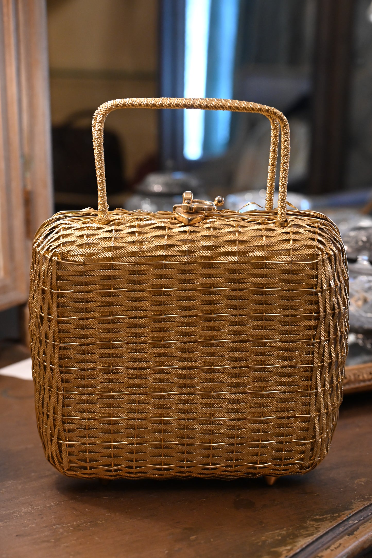 Vintage Gold Woven Metal Handle Bag