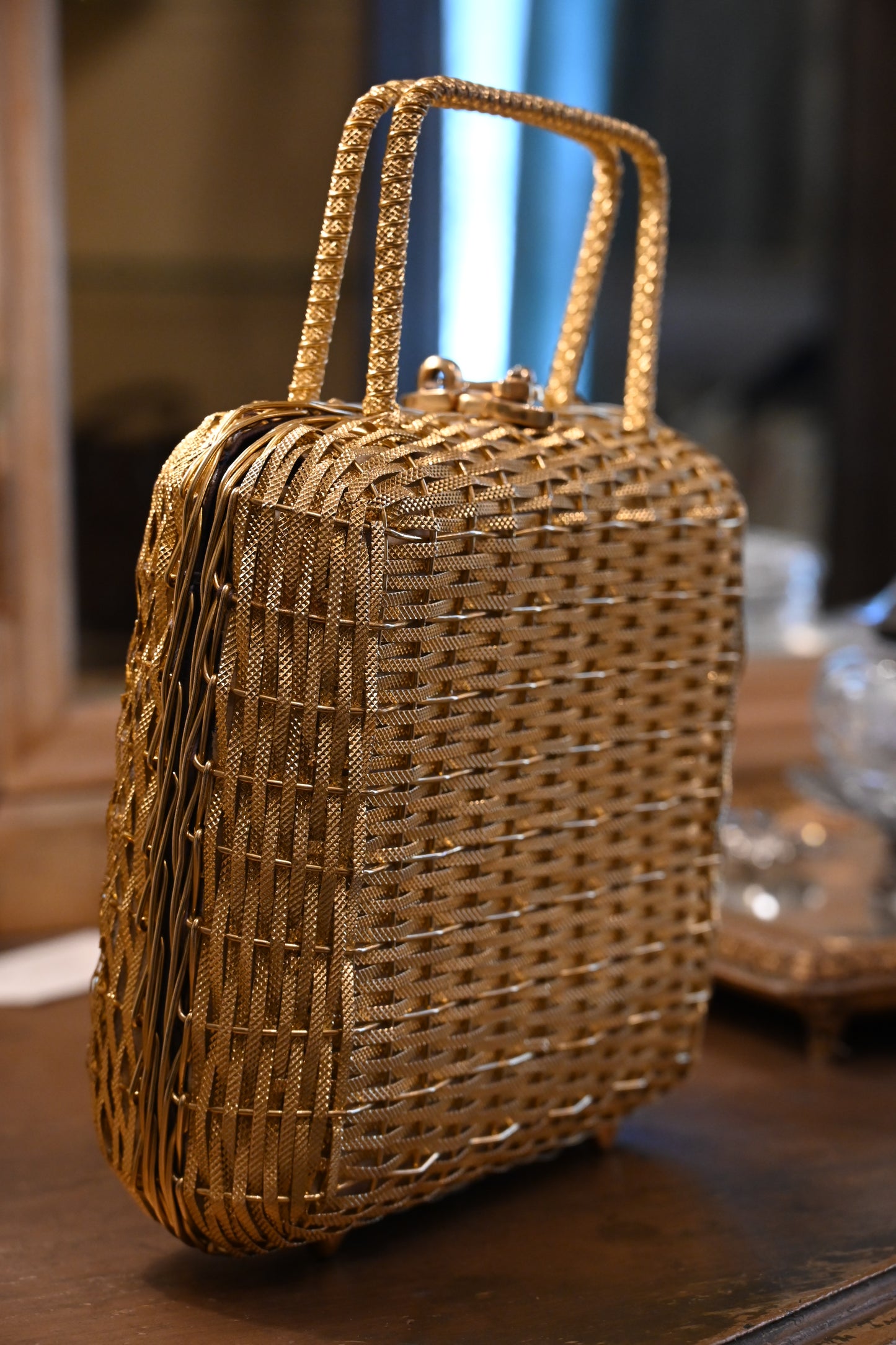 Vintage Gold Woven Metal Handle Bag