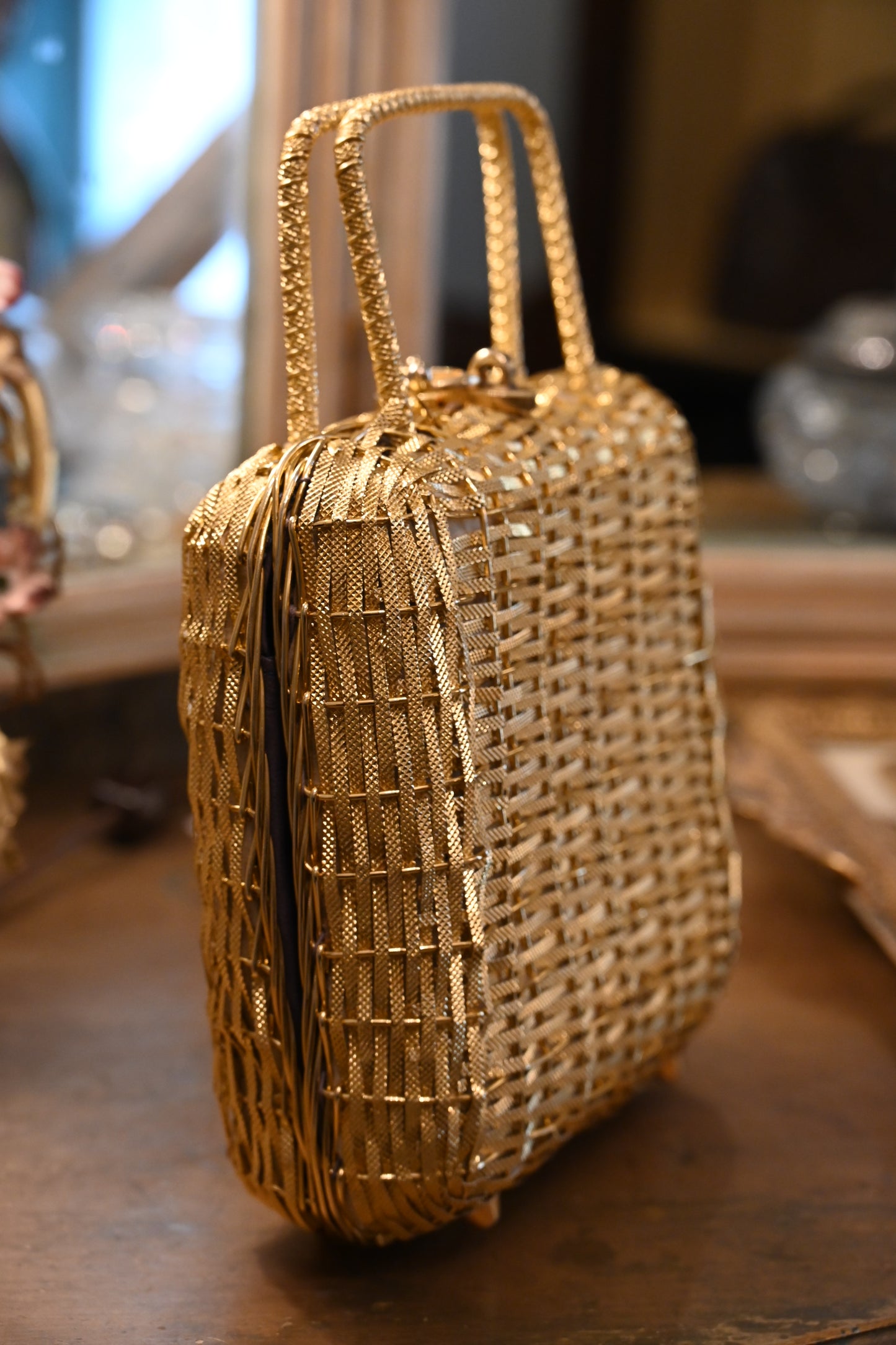 Vintage Gold Woven Metal Handle Bag