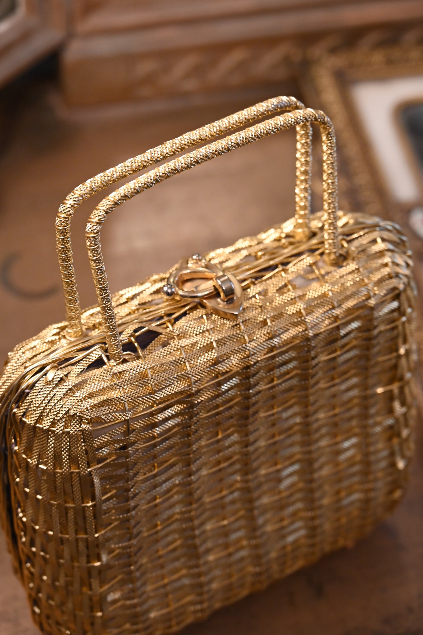 Vintage Gold Woven Metal Handle Bag