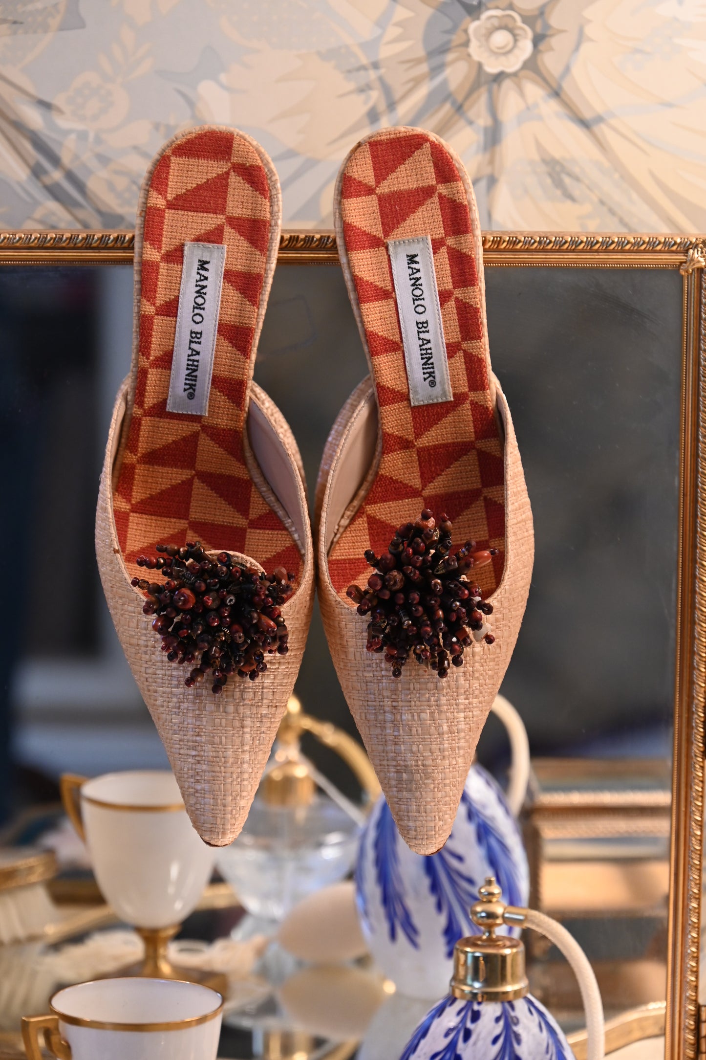 Manolo Blahnik Raffia Beaded Kitten Heels