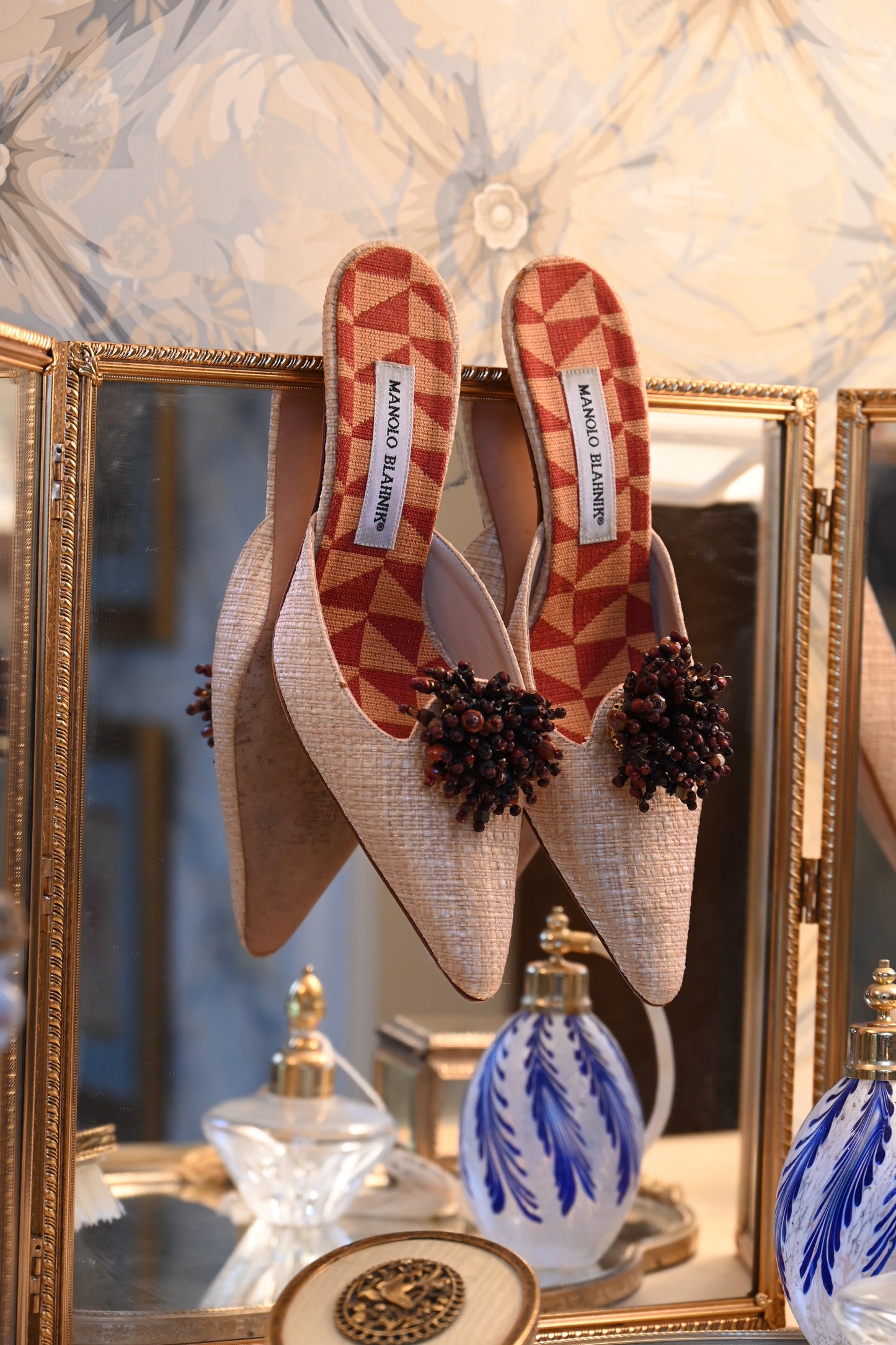 Manolo Blahnik Raffia Beaded Kitten Heels