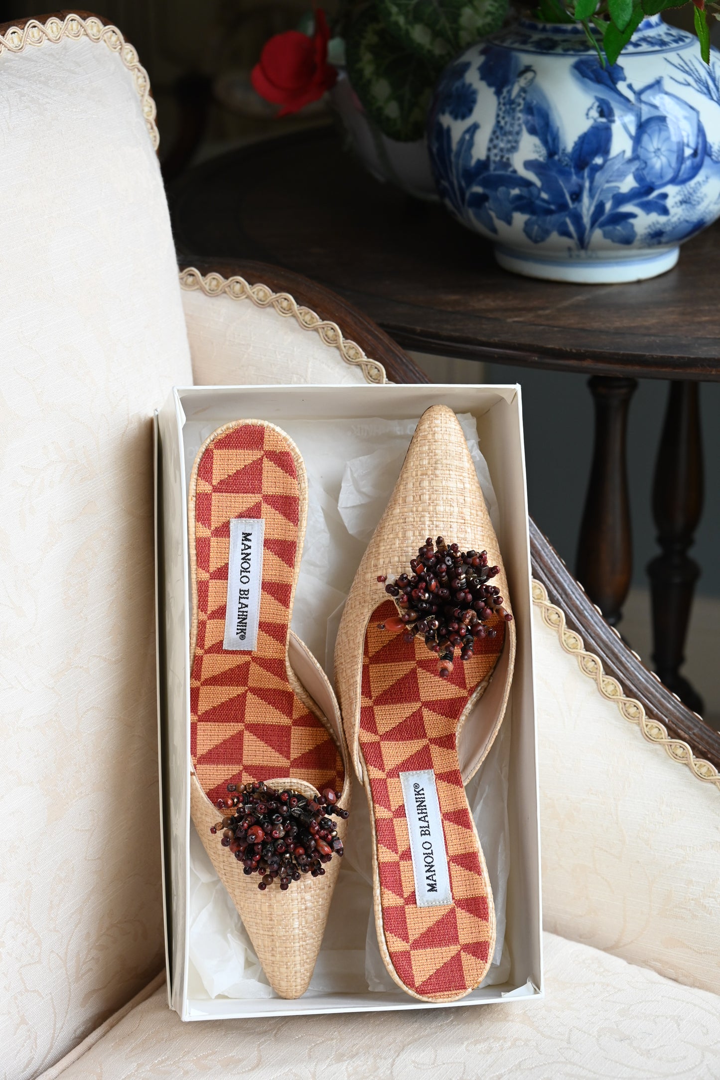 Manolo Blahnik Raffia Beaded Kitten Heels