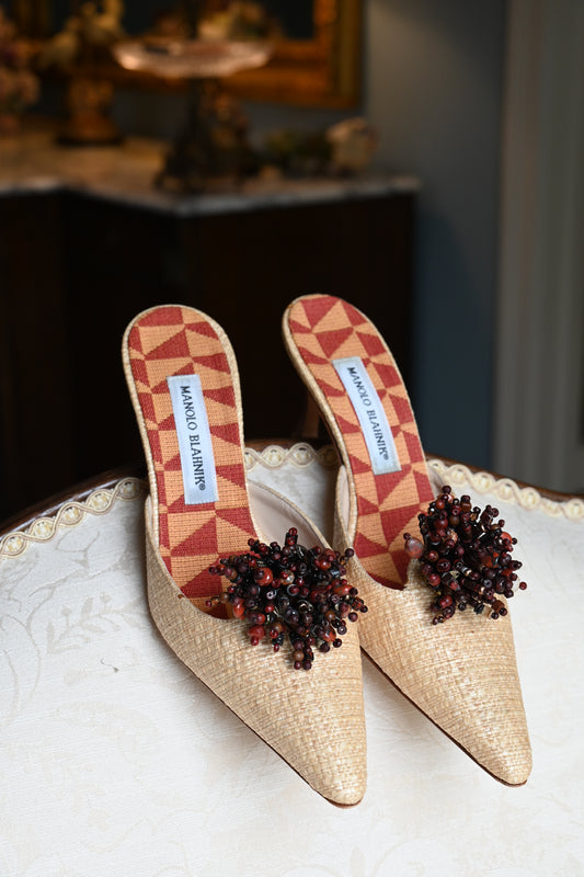 Manolo Blahnik Raffia Beaded Kitten Heels