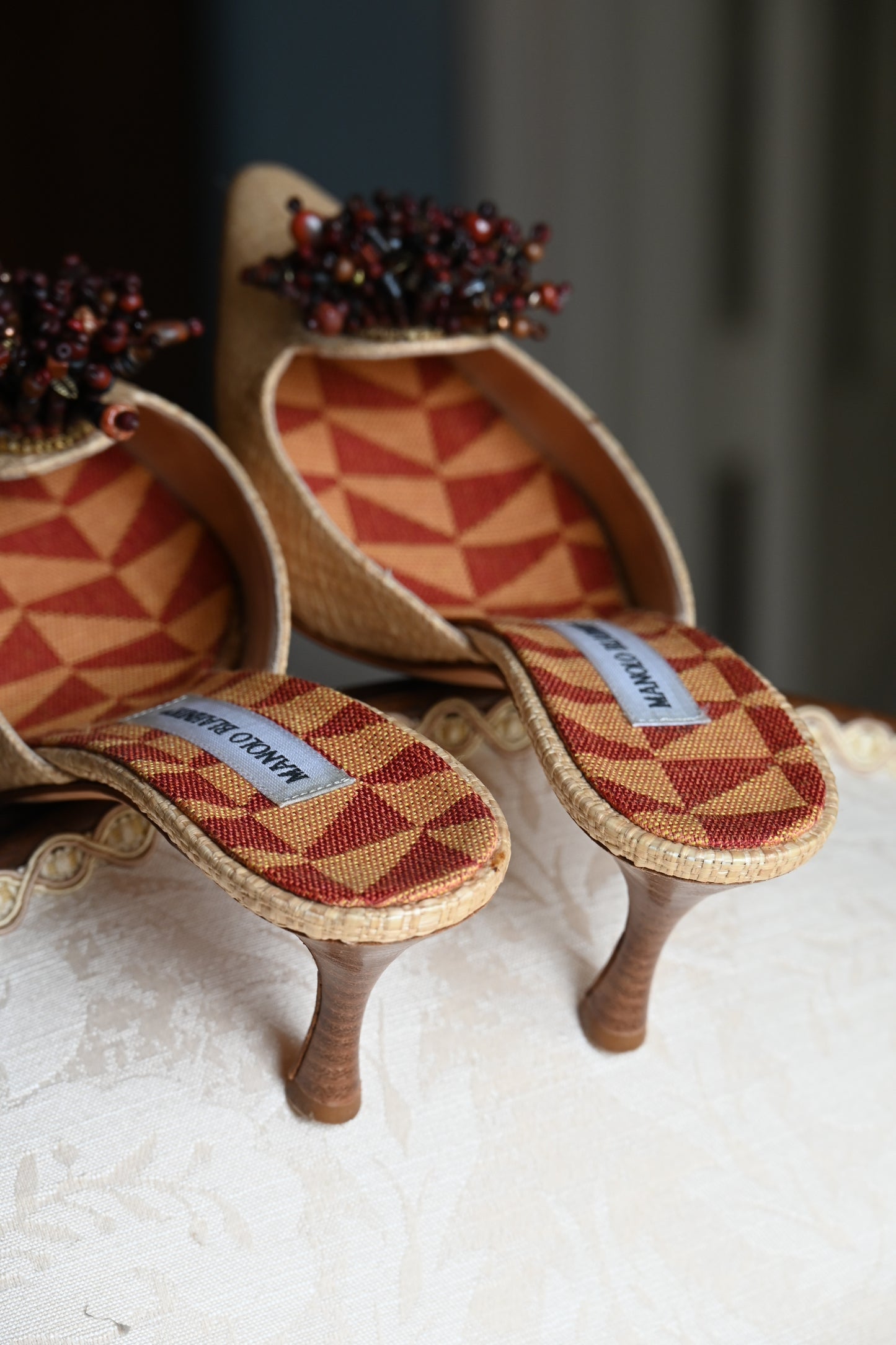 Manolo Blahnik Raffia Beaded Kitten Heels