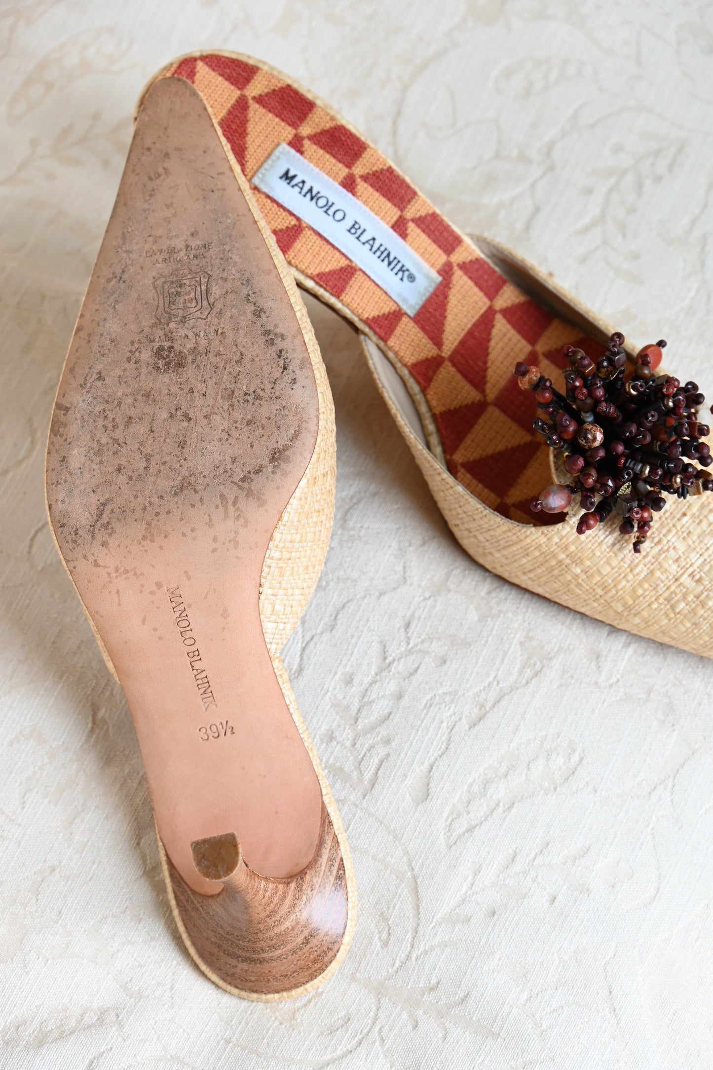 Manolo Blahnik Raffia Beaded Kitten Heels