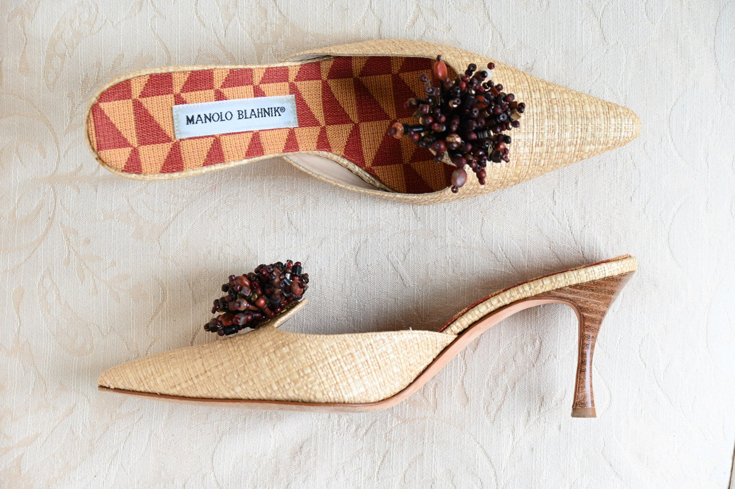 Manolo Blahnik Raffia Beaded Kitten Heels