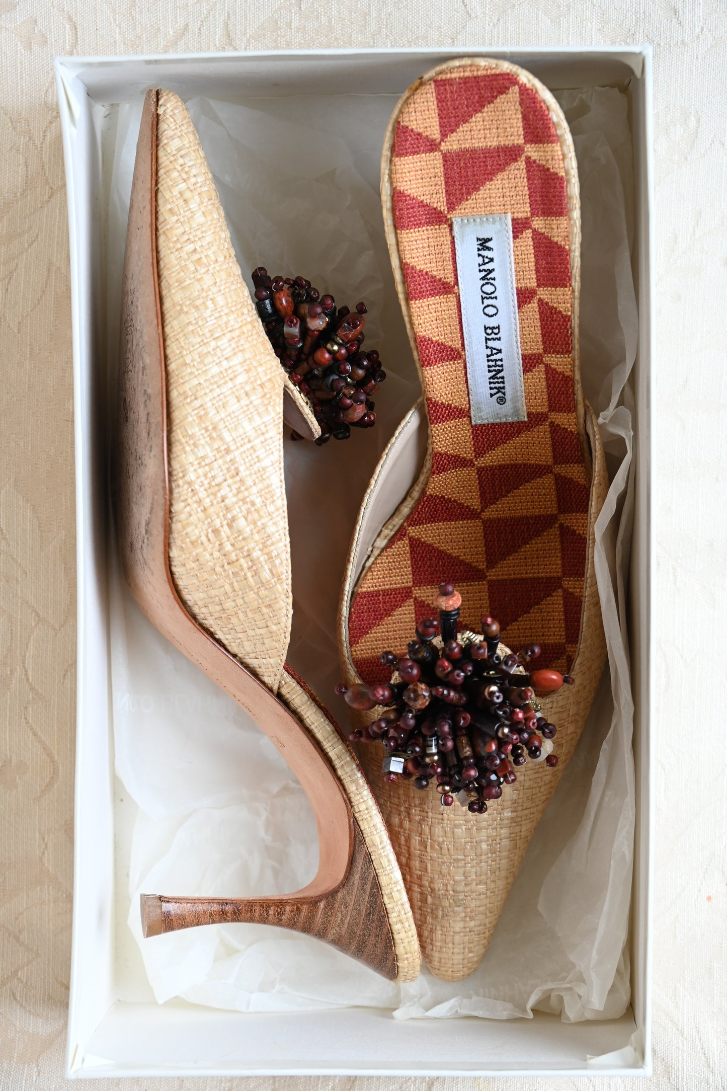 Manolo Blahnik Raffia Beaded Kitten Heels
