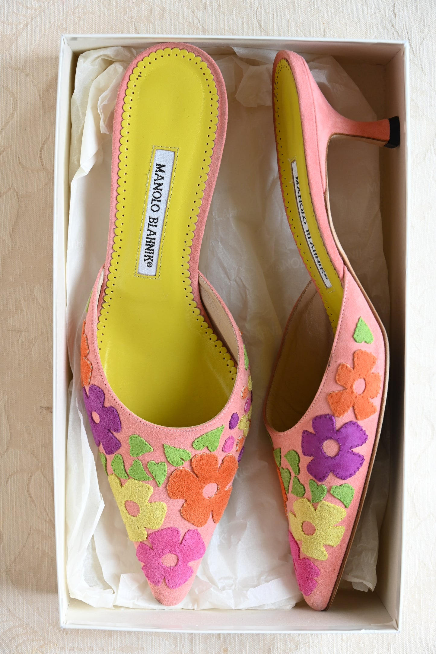 Manolo Blahnik Suede Floral Kitten Heels