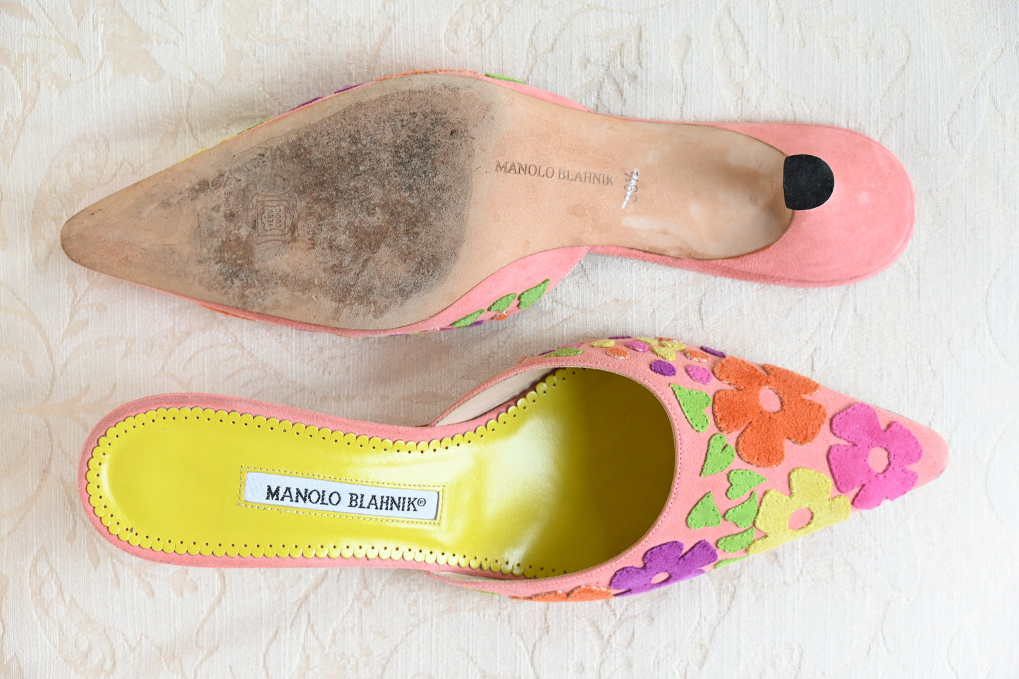 Manolo Blahnik Suede Floral Kitten Heels