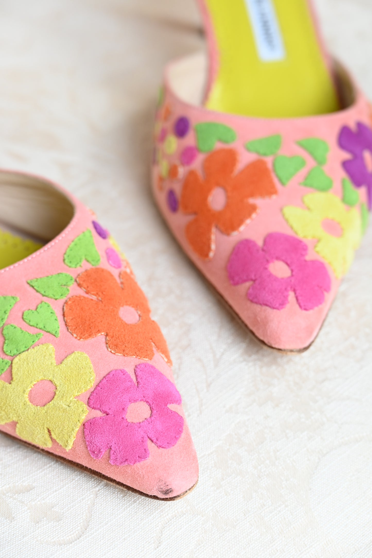 Manolo Blahnik Suede Floral Kitten Heels