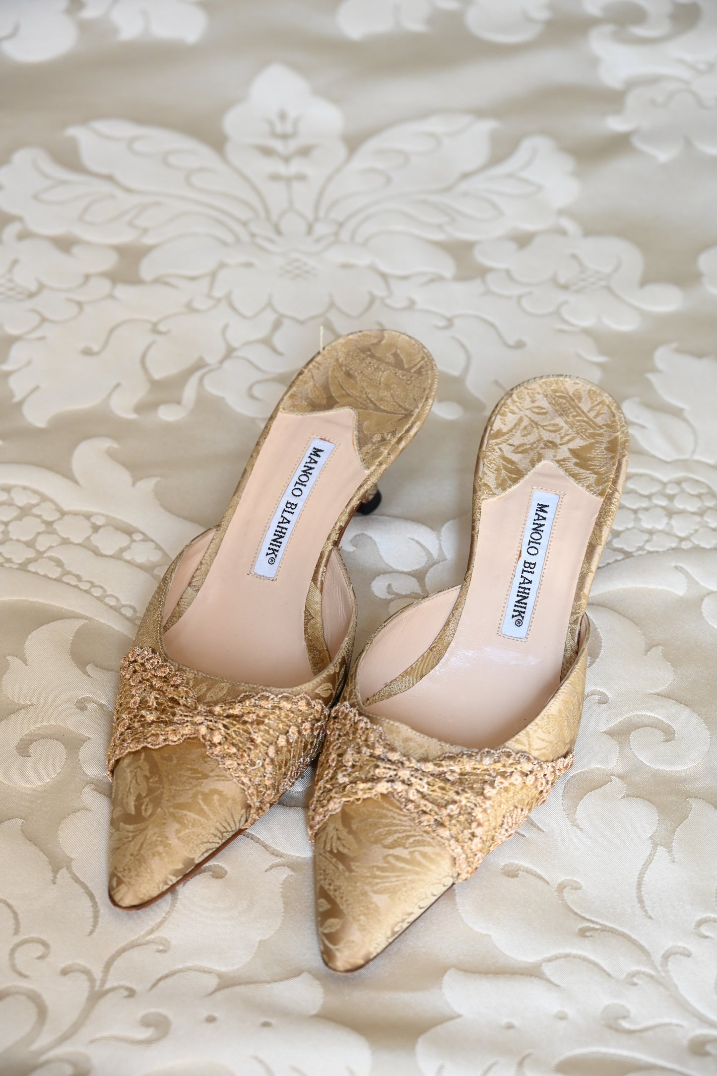 Manolo Blahnik Gold Brocade Silk Heels