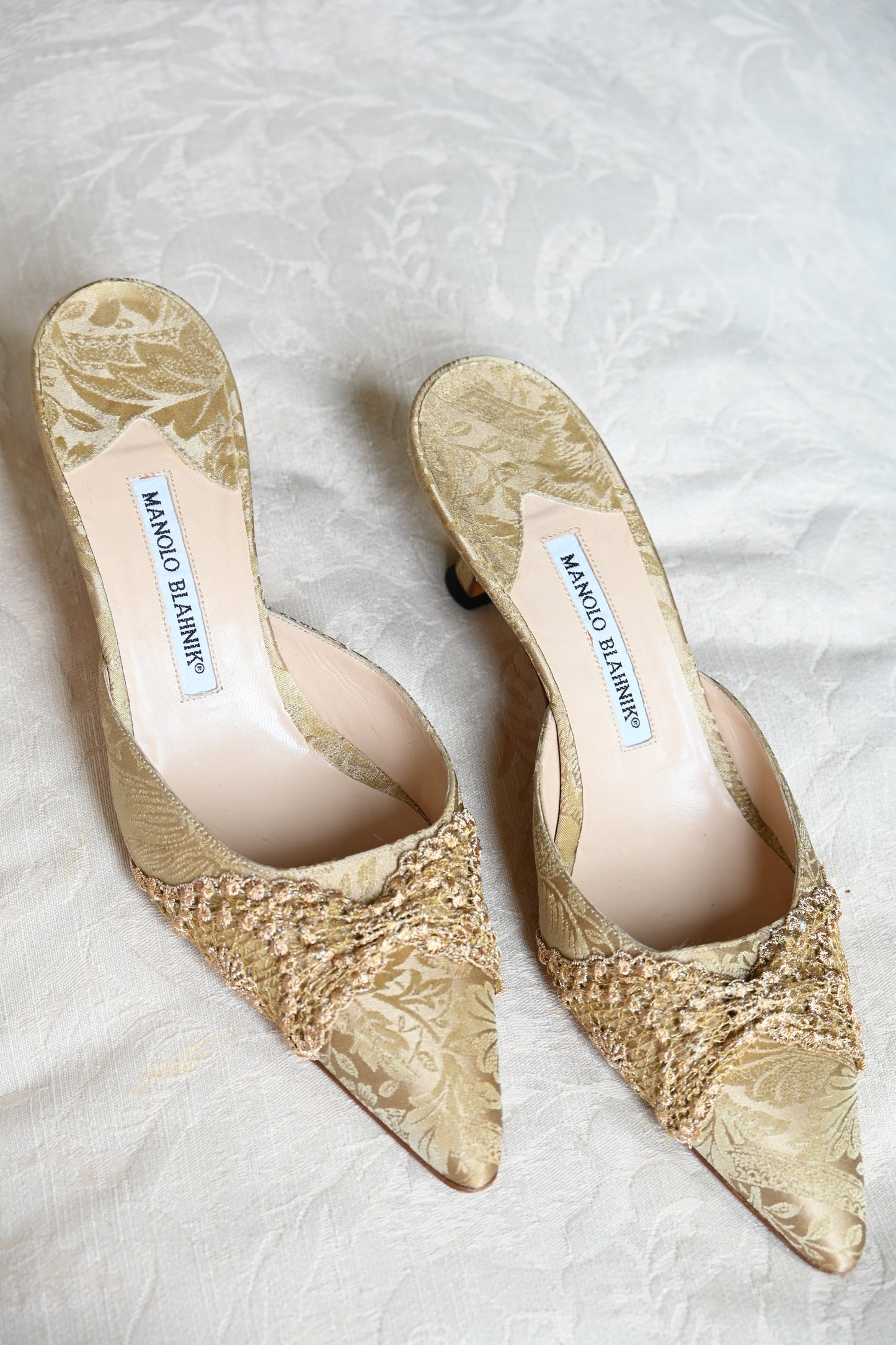 Manolo Blahnik Gold Brocade Silk Heels