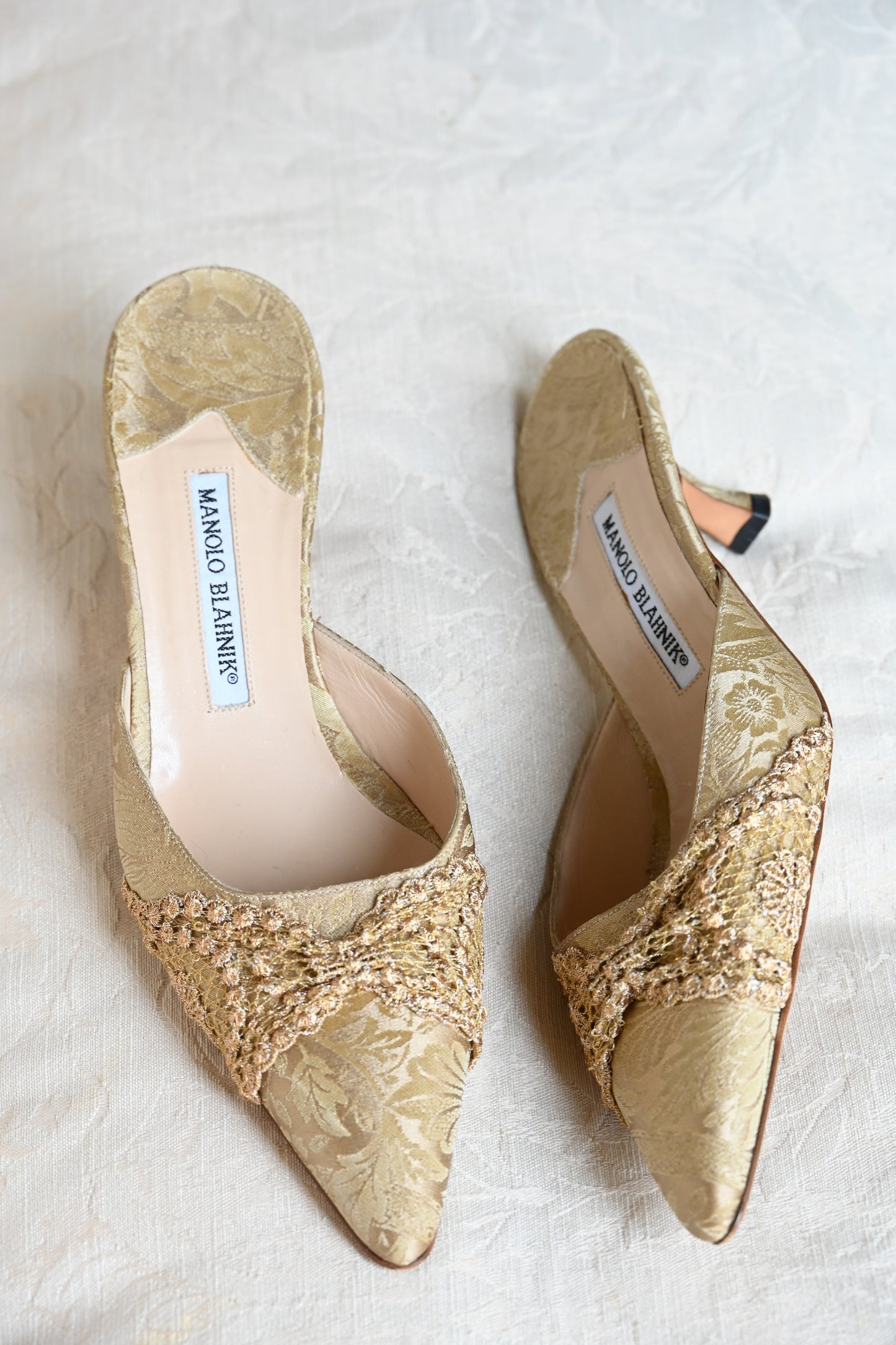 Manolo Blahnik Gold Brocade Silk Heels