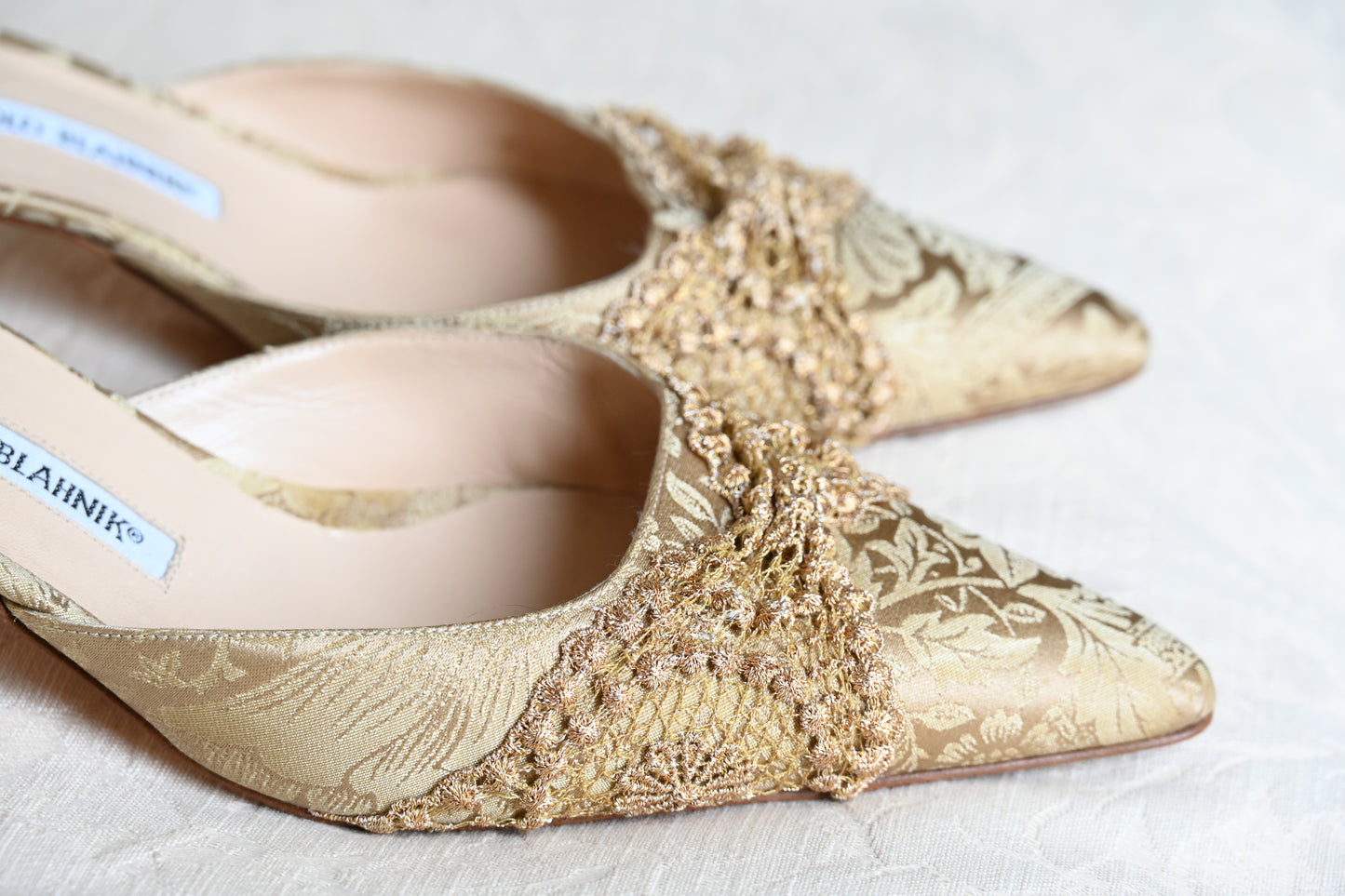 Manolo Blahnik Gold Brocade Silk Heels