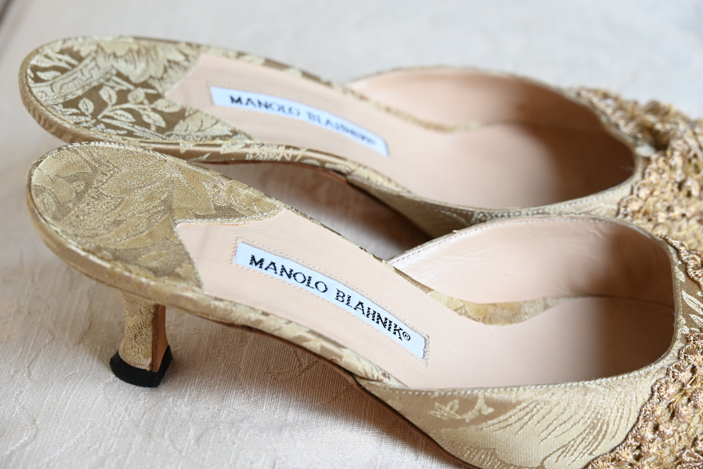 Manolo Blahnik Gold Brocade Silk Heels