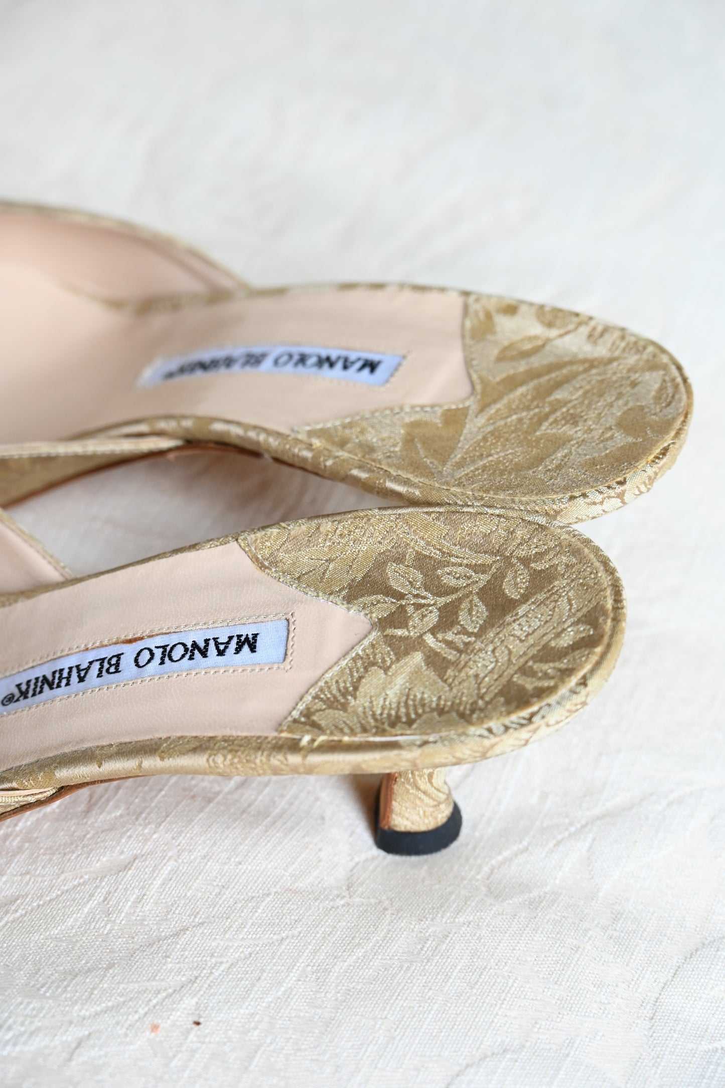 Manolo Blahnik Gold Brocade Silk Heels