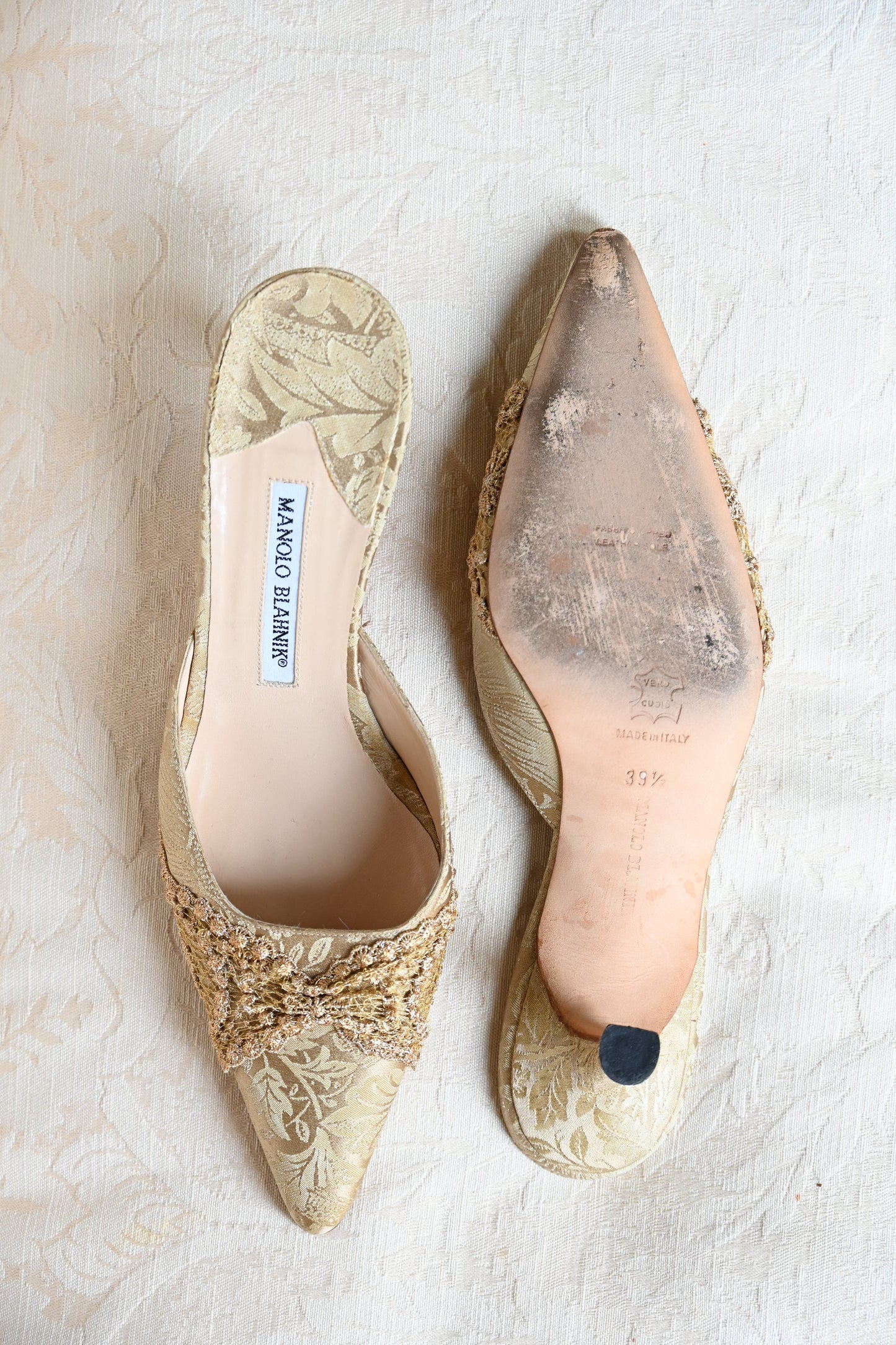 Manolo Blahnik Gold Brocade Silk Heels