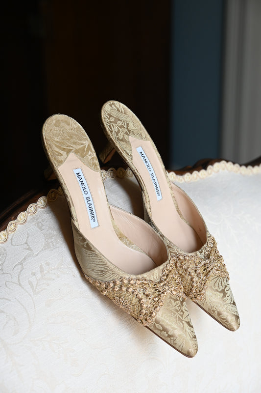 Manolo Blahnik Gold Brocade Silk Heels