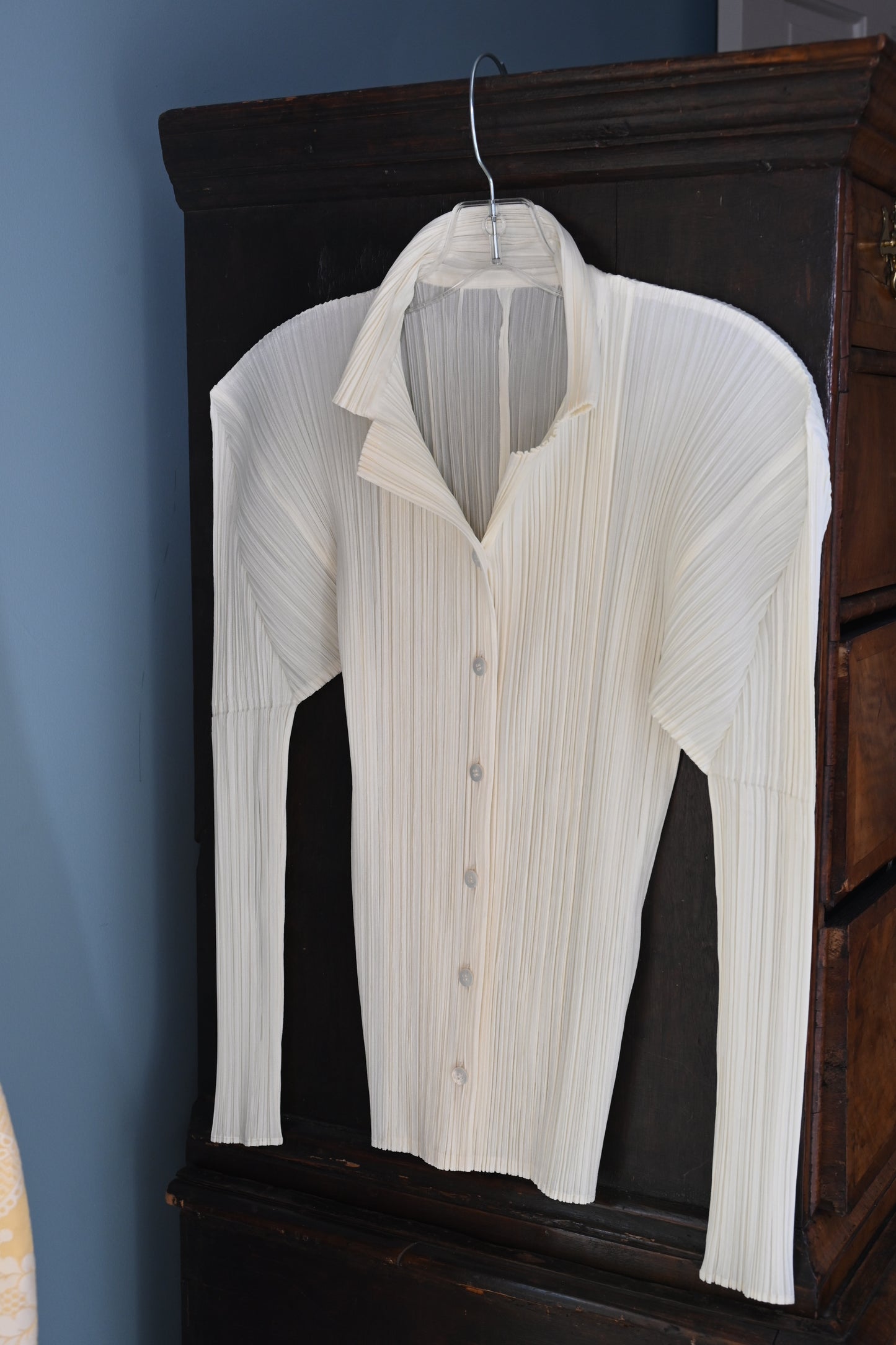 Pleats Please Issey Miyake Pale Yellow Pleated Long Sleeve Button Front Top