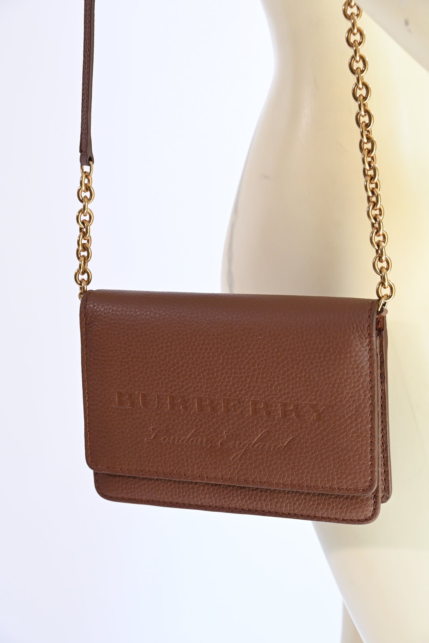 Burberry Brown Pebbled Leather Chain Wallet Crossbody