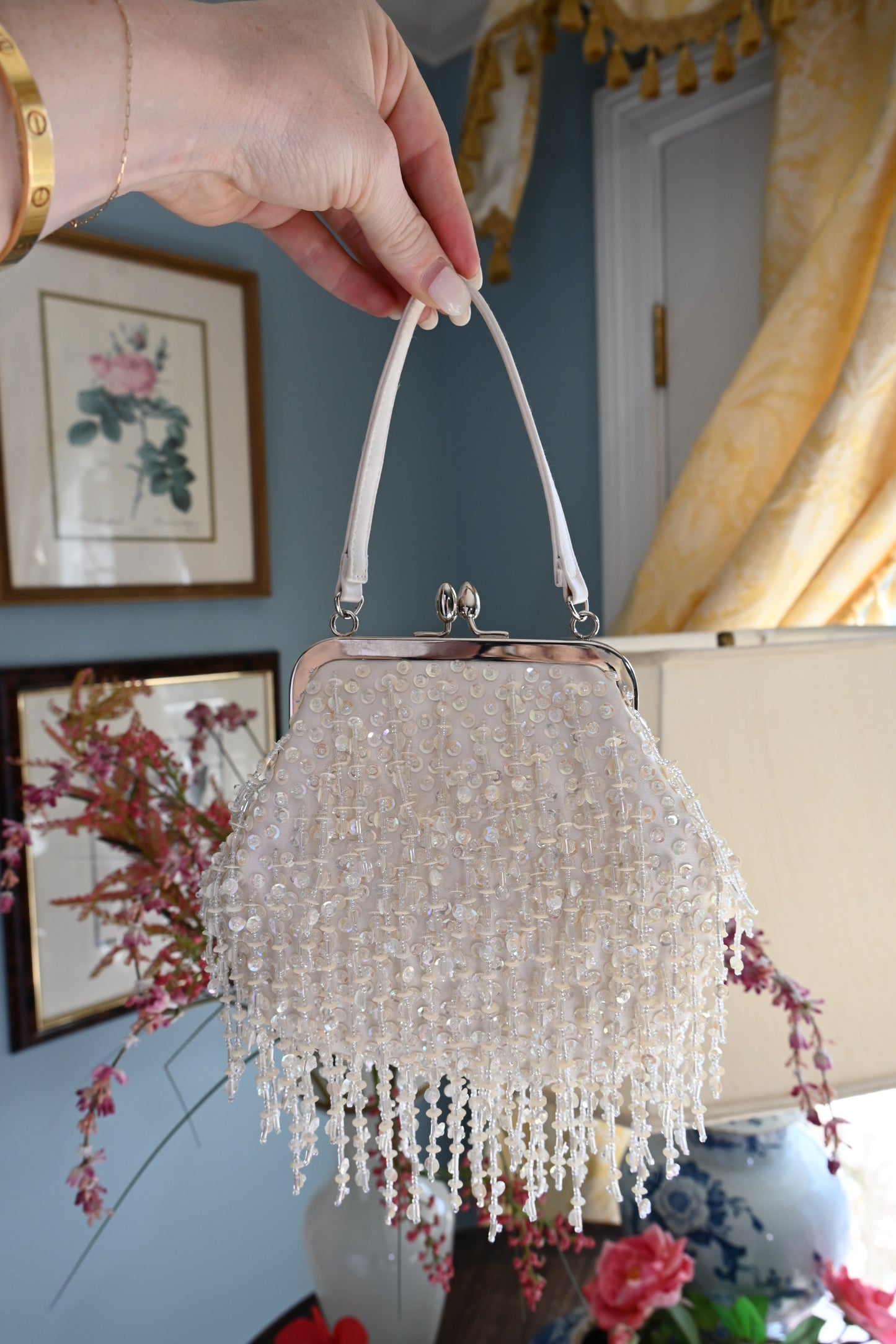 Nicole Miller Ivory Beaded Fringe Evening Bag