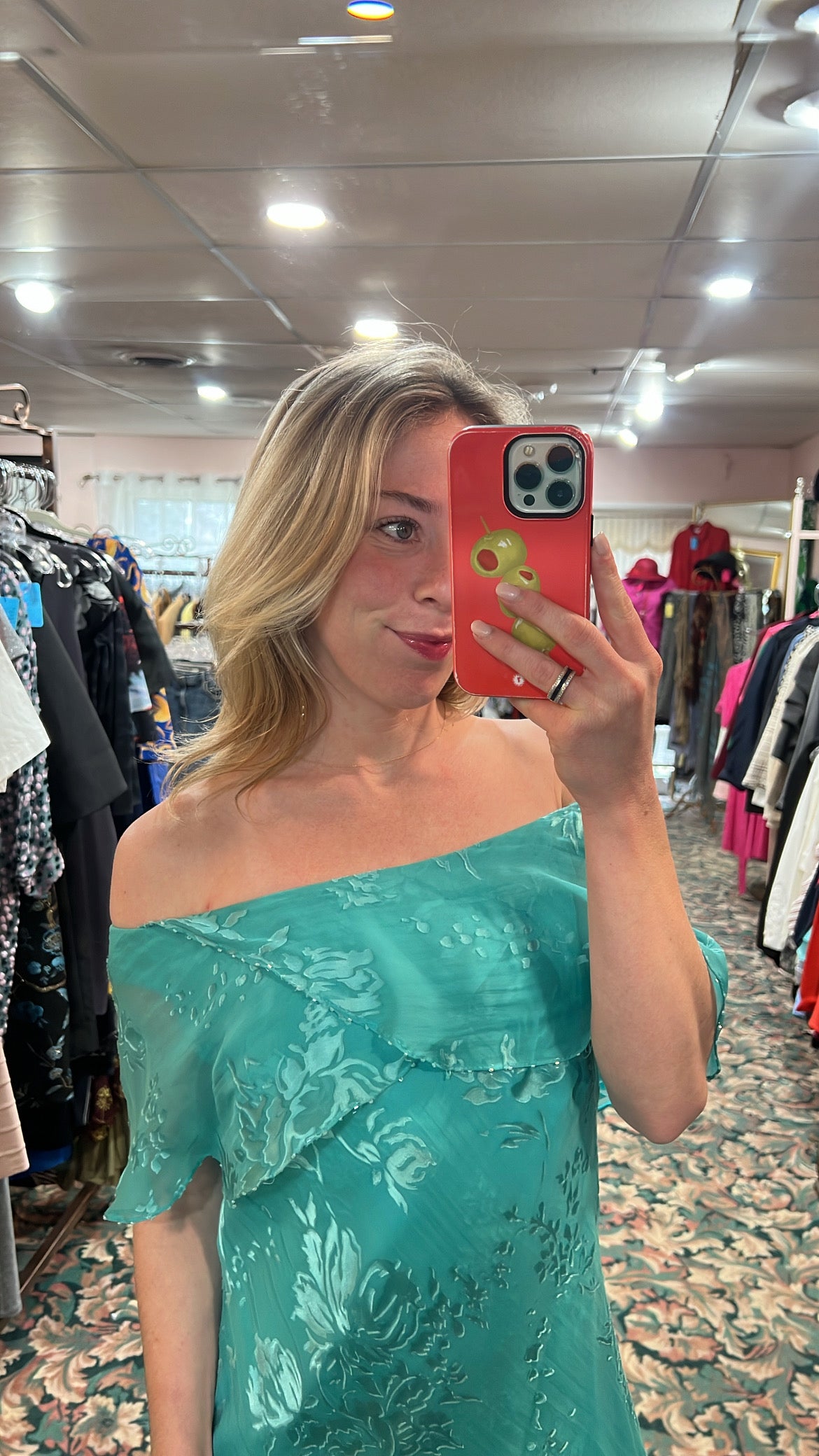 Vintage 100% Silk Off-Shoulder Turquoise Floral Dress