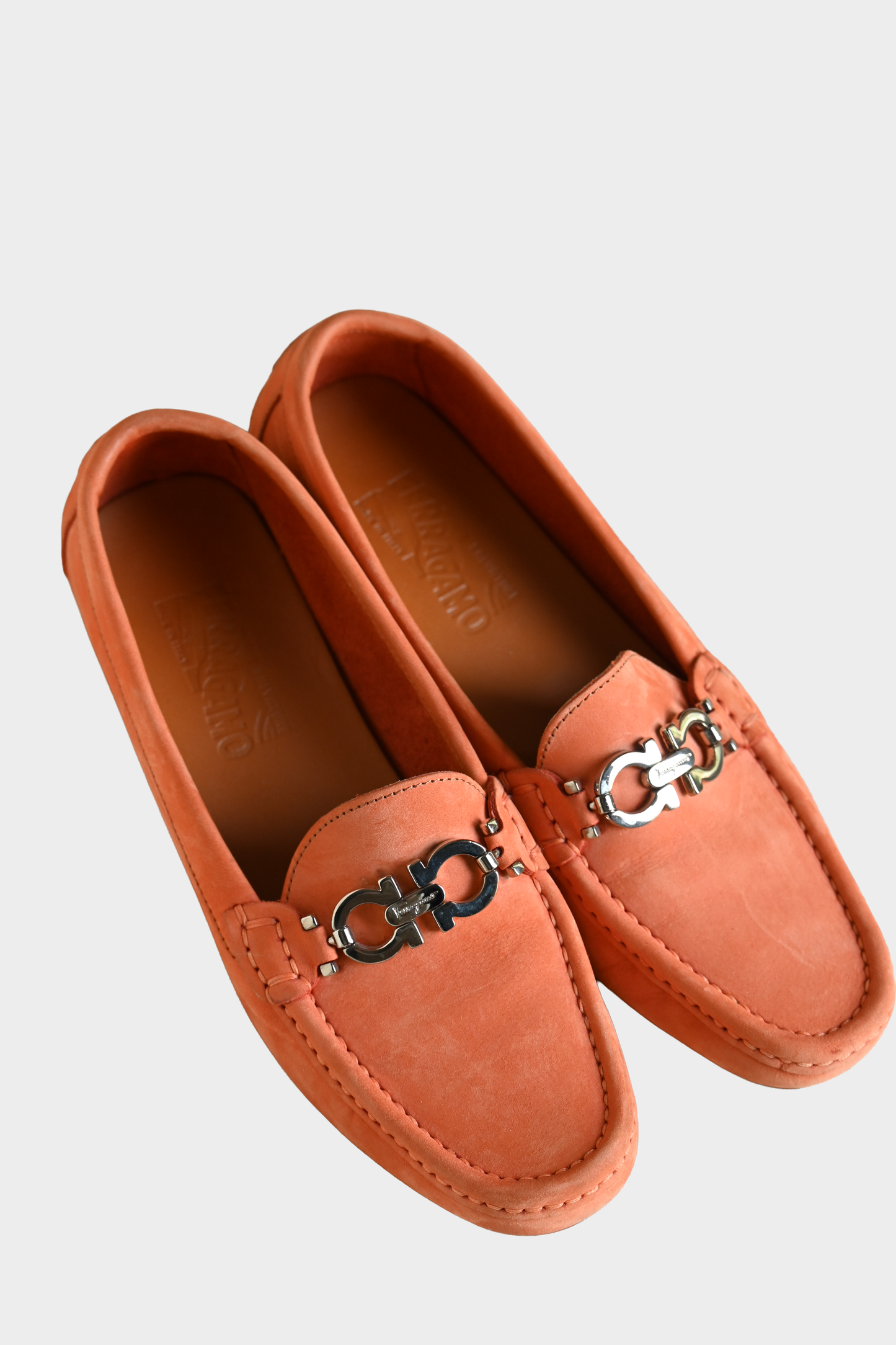 Salvatore Ferragamo Parigi Orange Nubuck Driving Loafers SZ 37.5