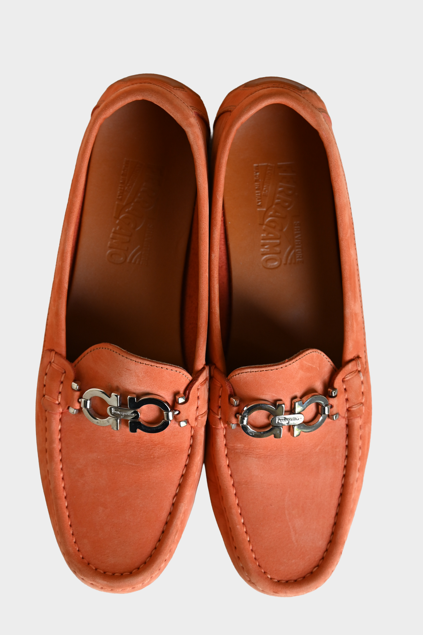 Salvatore Ferragamo Parigi Orange Nubuck Driving Loafers SZ 37.5