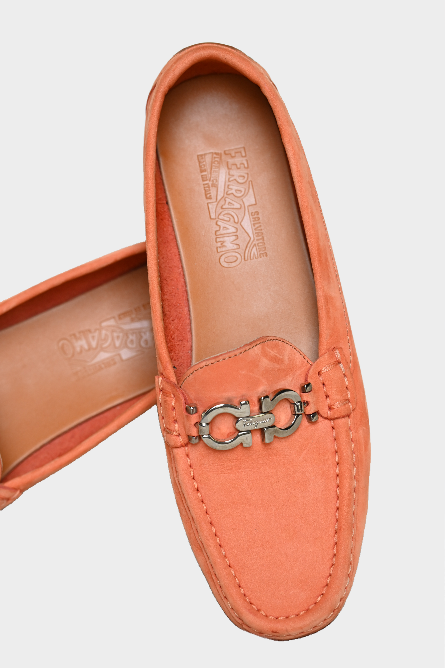 Salvatore Ferragamo Parigi Orange Nubuck Driving Loafers SZ 37.5