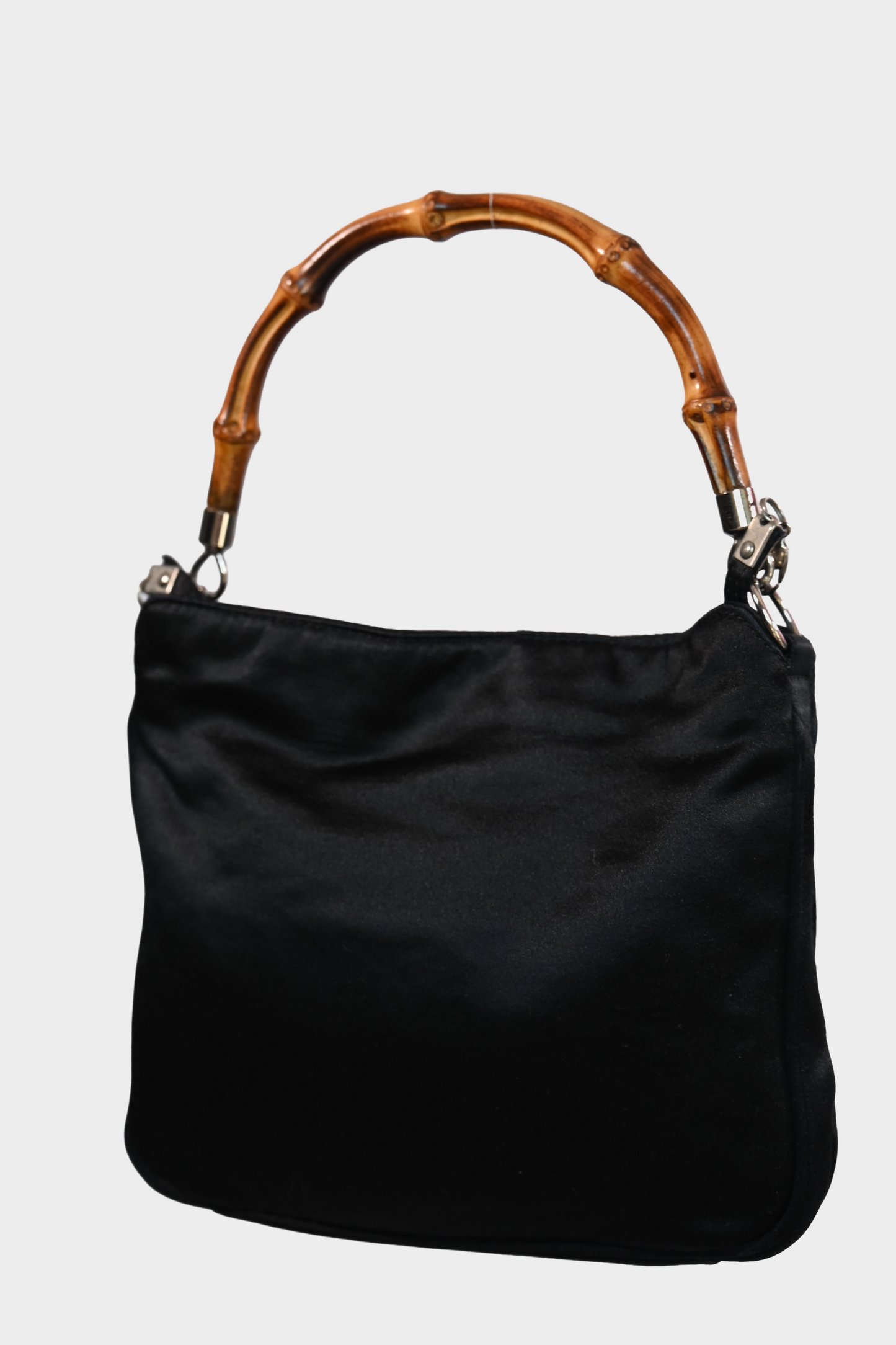 Gucci Black Satin Bamboo Handle Shoulder Bag with Removable Crossbody Strap