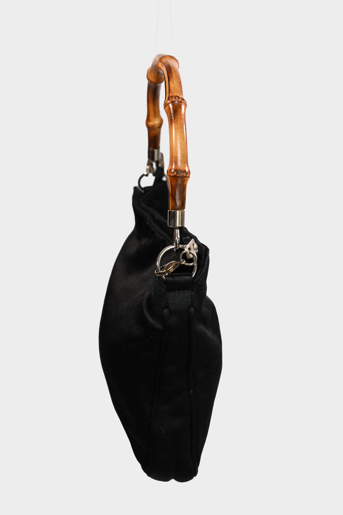 Gucci Black Satin Bamboo Handle Shoulder Bag with Removable Crossbody Strap