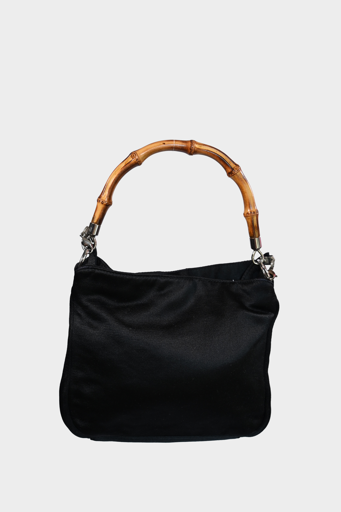 Gucci Black Satin Bamboo Handle Shoulder Bag with Removable Crossbody Strap