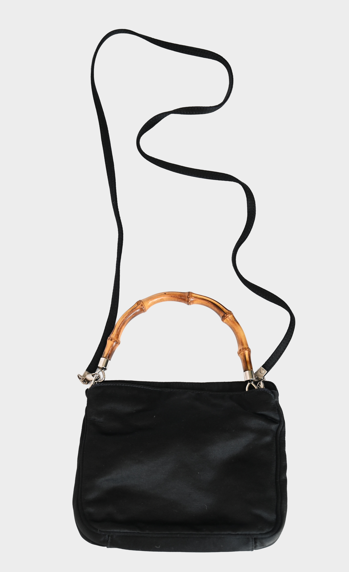 Gucci Black Satin Bamboo Handle Shoulder Bag with Removable Crossbody Strap