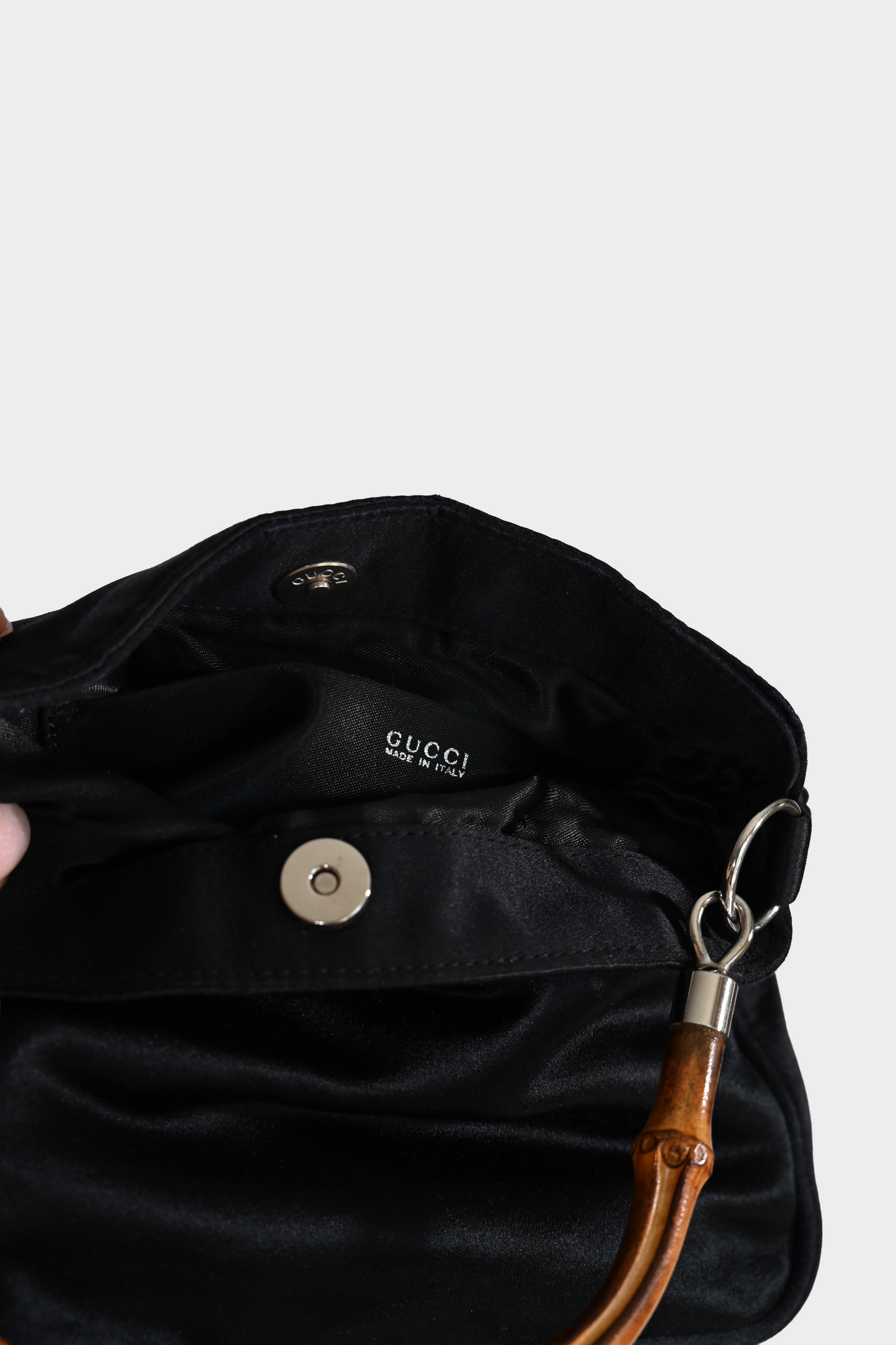Gucci Black Satin Bamboo Handle Shoulder Bag with Removable Crossbody Strap