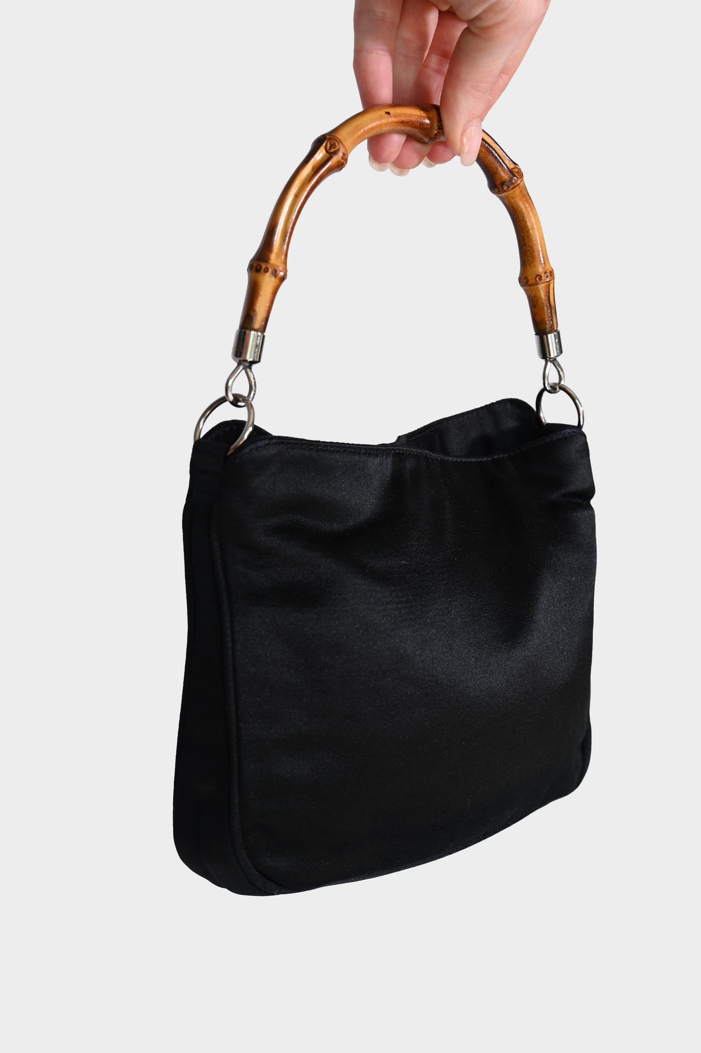 Gucci Black Satin Bamboo Handle Shoulder Bag with Removable Crossbody Strap