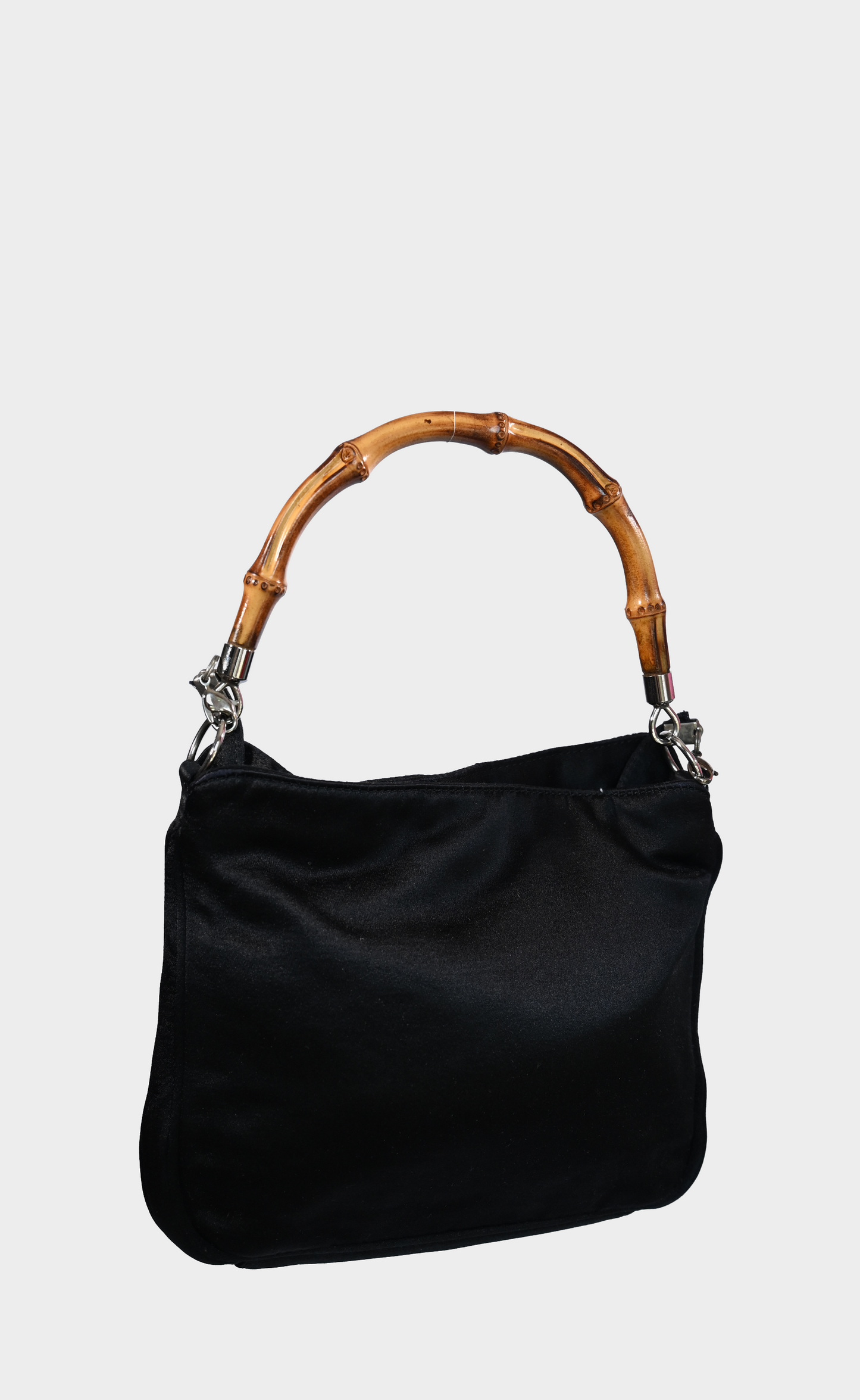 Gucci Black Satin Bamboo Handle Shoulder Bag with Removable Crossbody Strap